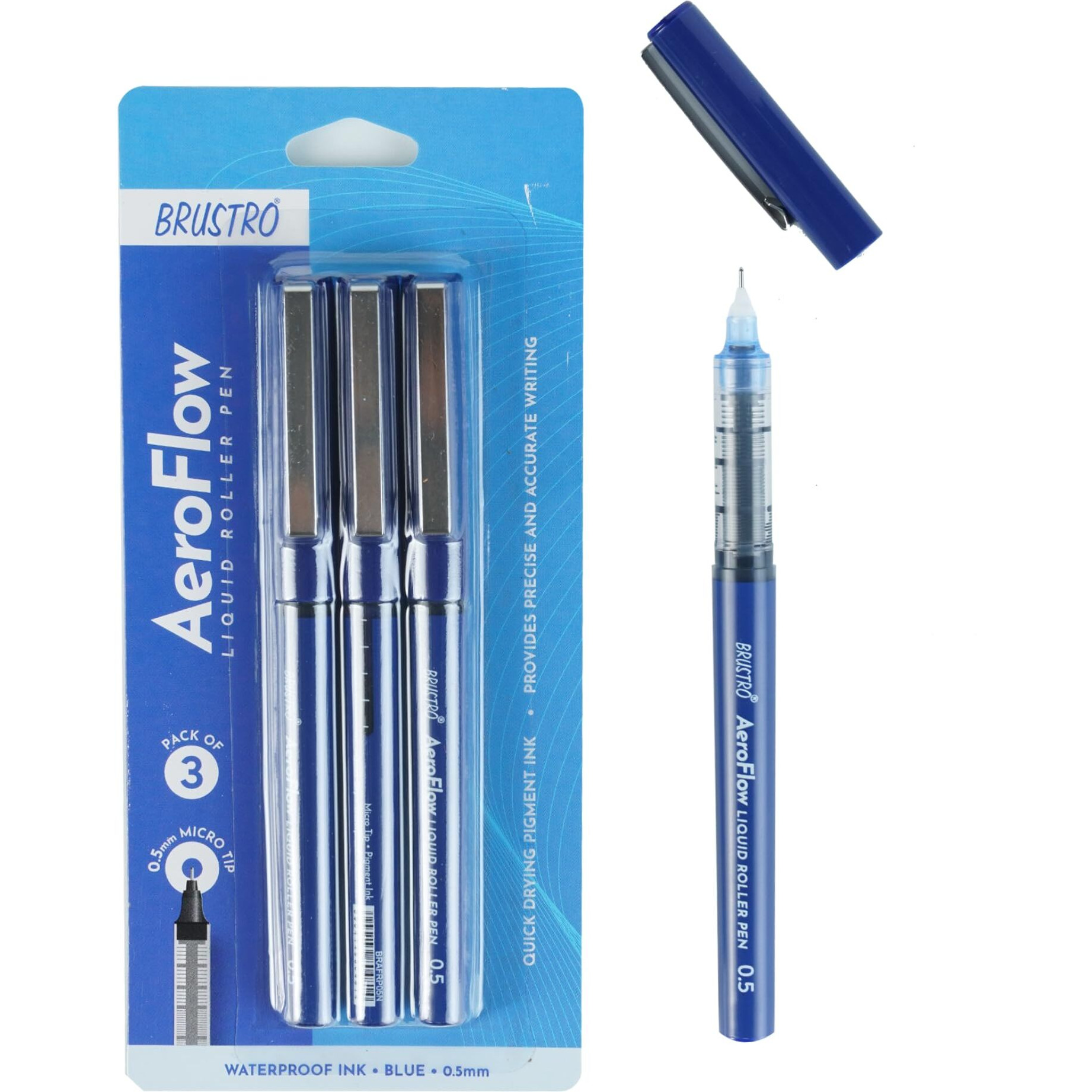 BRUSTRO AeroFlow Liquid Ink Rollerball Pens 0.5 Micro Tip Pack of 3 (Blue ink)