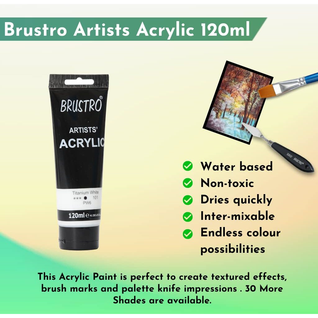 BRUSTRO Artists Acrylic Paint | Titanium White | Ideal for Paper, Canvas, Water-based, Non-toxic, Inter-mixable, Perfect for Artists, Crafters, Students and Professionals | 120ml