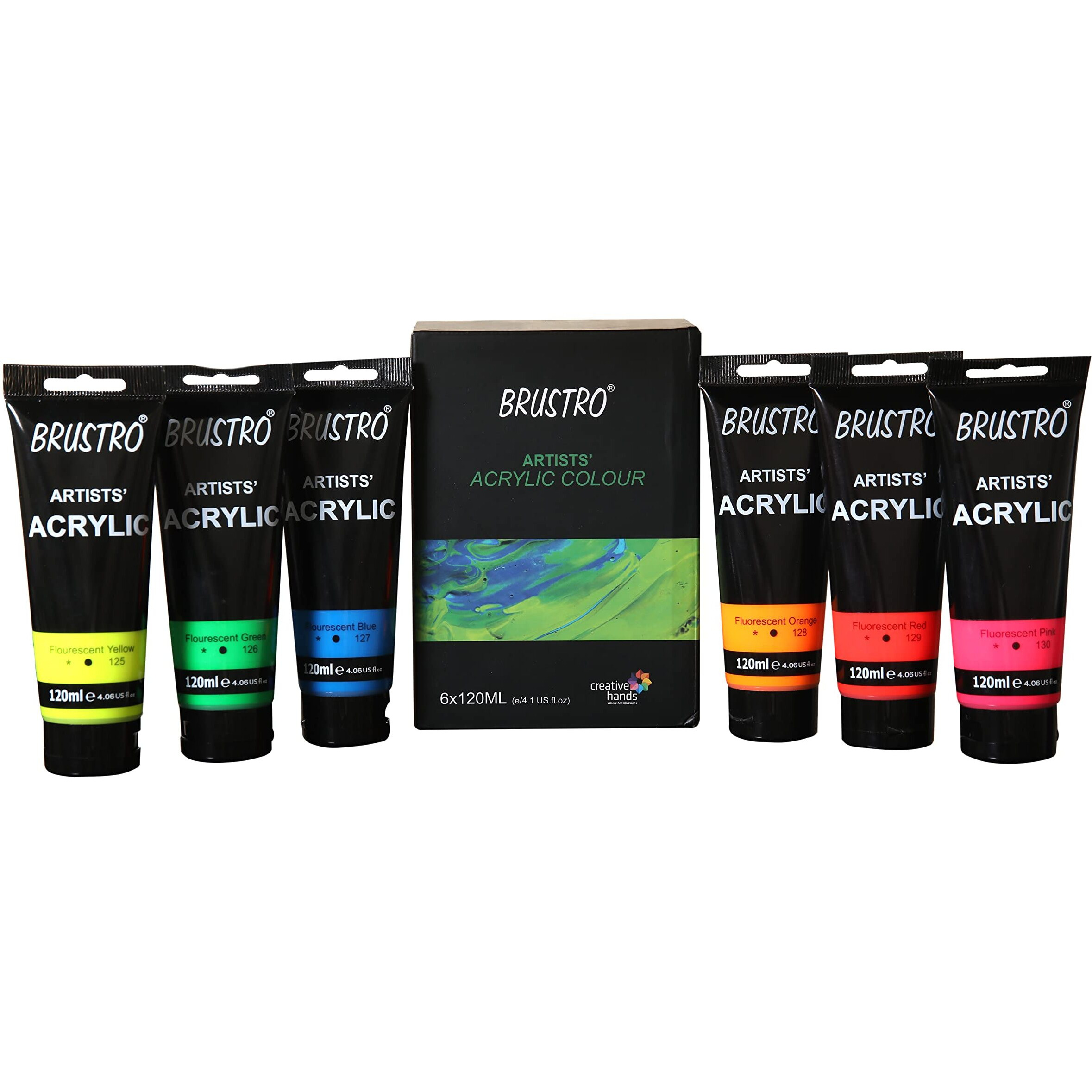 BRUSTRO Artists Acrylic Paint 120ml, Pack of 6 Fluorescent Shades (Red, Pink, Orange, Blue, Green & Yellow)