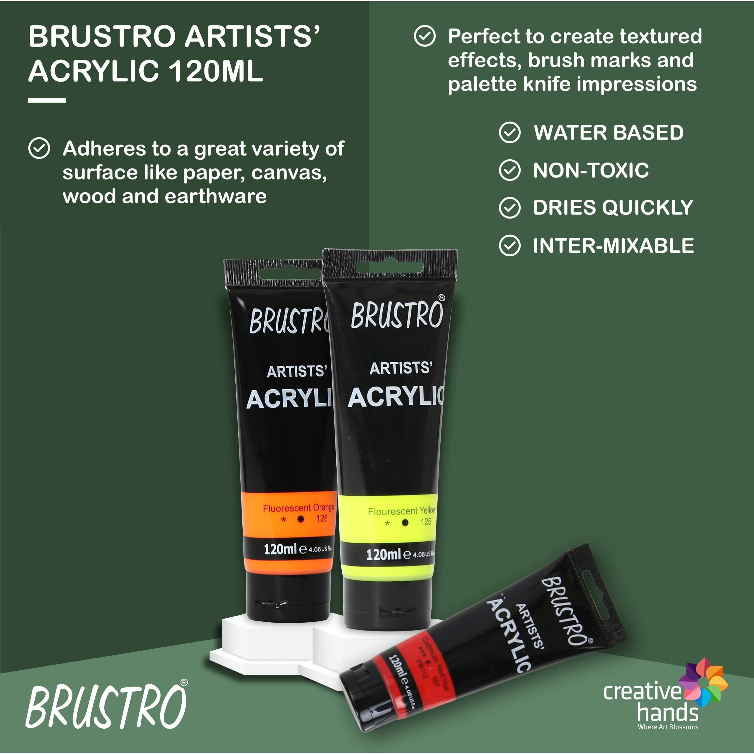 BRUSTRO Artists Acrylic Paint 120ml, Pack of 6 Fluorescent Shades (Red, Pink, Orange, Blue, Green & Yellow)