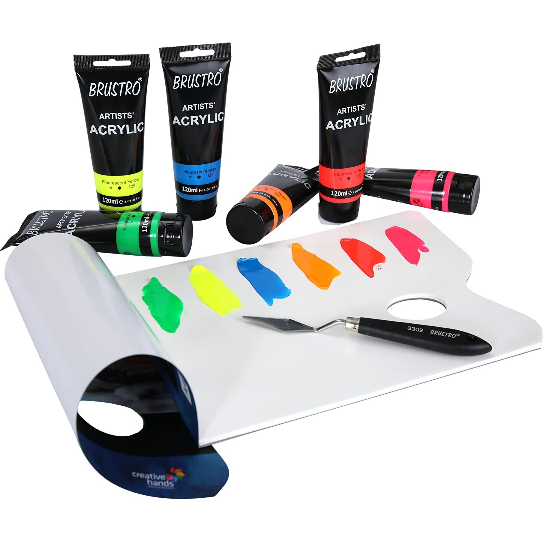 BRUSTRO Artists Acrylic Paint 120ml, Pack of 6 Fluorescent Shades (Red, Pink, Orange, Blue, Green & Yellow)