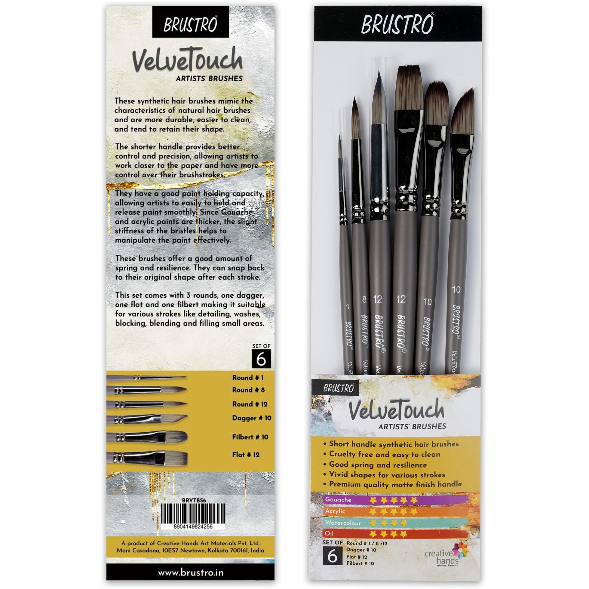 BRUSTRO VelveTouch Artist Brushes | Gouache, Acrylics, Watercolor, and Oil Painting | Short Handle, Synthetic Bristles, Round, Filbert, Dagger, Flat Shape | Set of 6