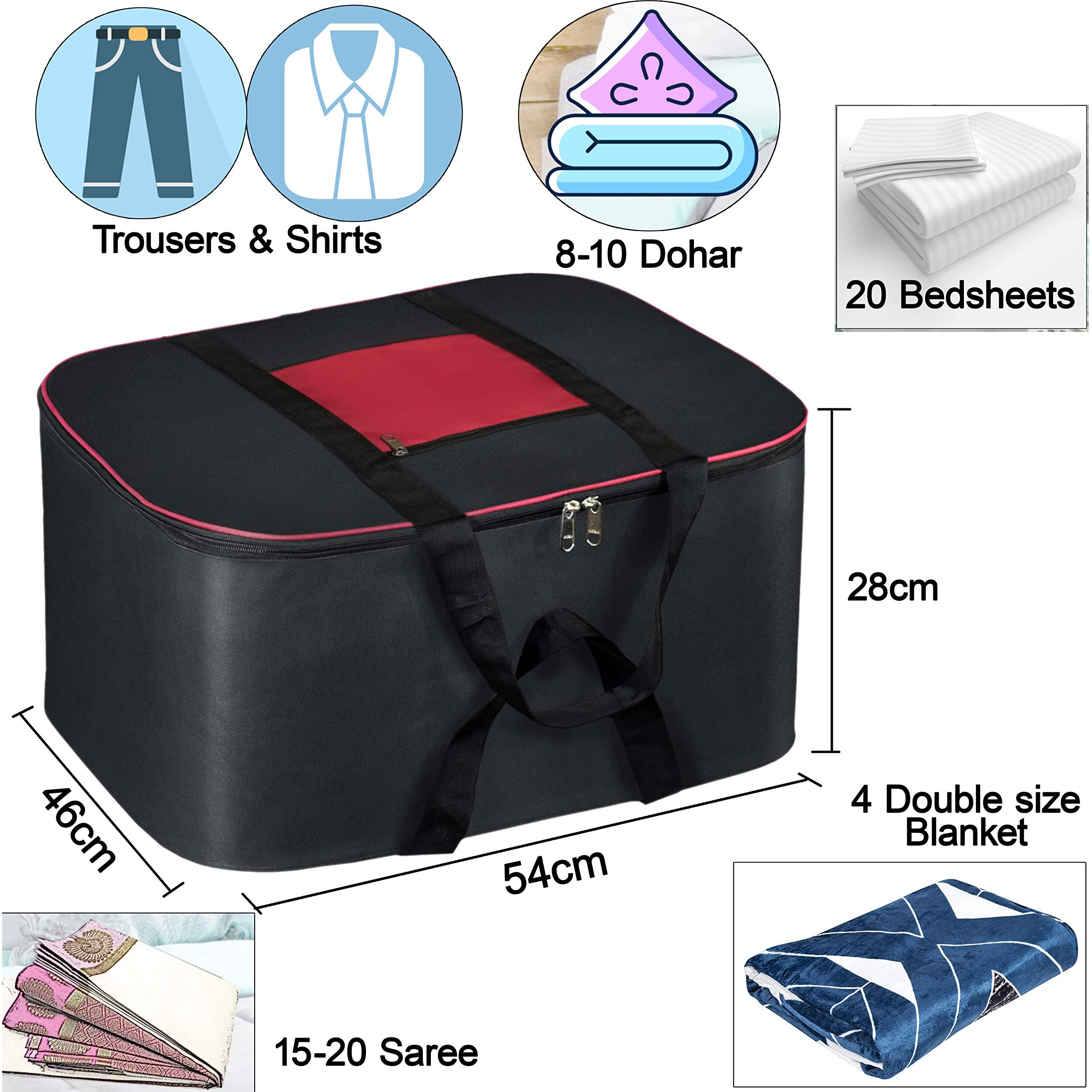 Storite Nylon Big Underbed Storage Bag Moisture Proof Cloth Organiser with Zippered Closure and Handle(BlackRed, 54x46x28cm) Rectangular