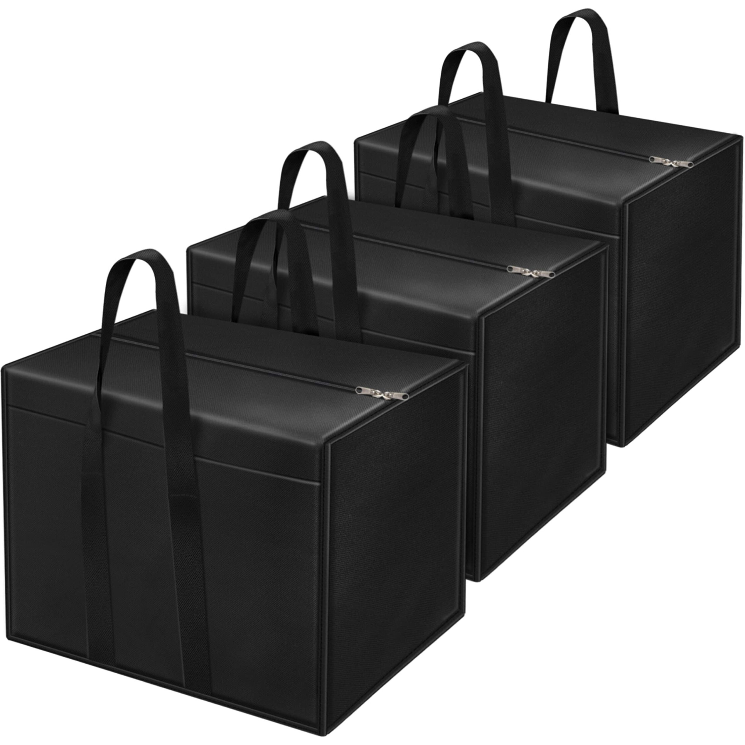 Storite 3 Pack Nylon 85 L Moisture Proof Multi-Purpose Storage Bag/Clothing Storage Organiser/Toy Storage/Stationery Paper Storage Bag with Zipper Closure and Strong Handle (Black,57x36.8 x40.5 cm)