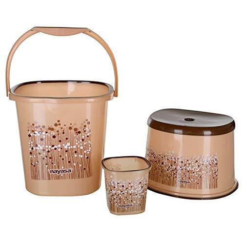 Nayasa Funk Square 3 Pcs Bathroom Set(Bucket 25L+Mug 1.5L+Stool) Brown, Plastic