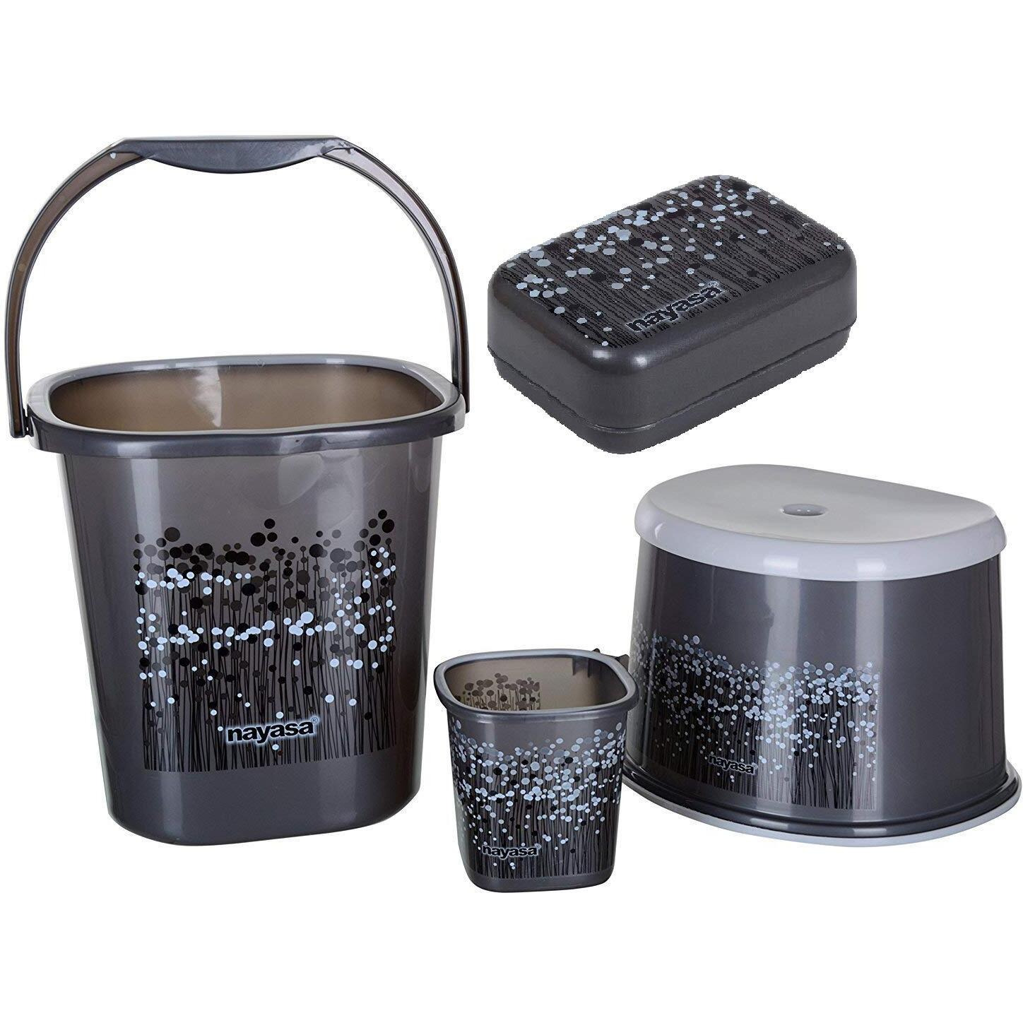 Nayasa Funk Square 4Pcs Bathroom Set(Bucket 25L+Mug 1.5L+Stool+Soap case) Black, Plastic