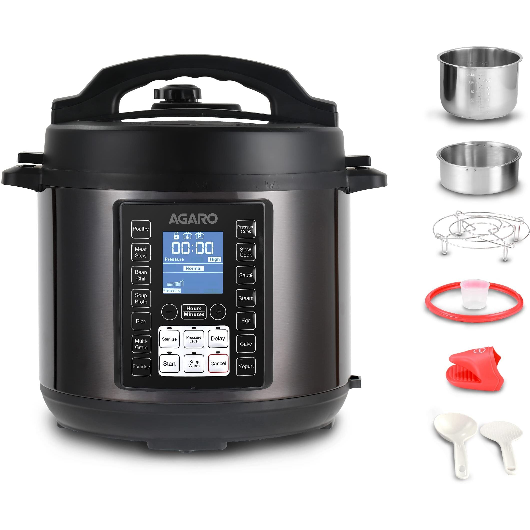 AGARO Imperial Electric Pressure Cooker, 6 litre, 14 Pre-Set multi Cooking Functions, Adjustable Pressure, Timer, Stainless Steel Pot, Pressure Cook, Slow Cook, Saute & More, Black, Outer Lid