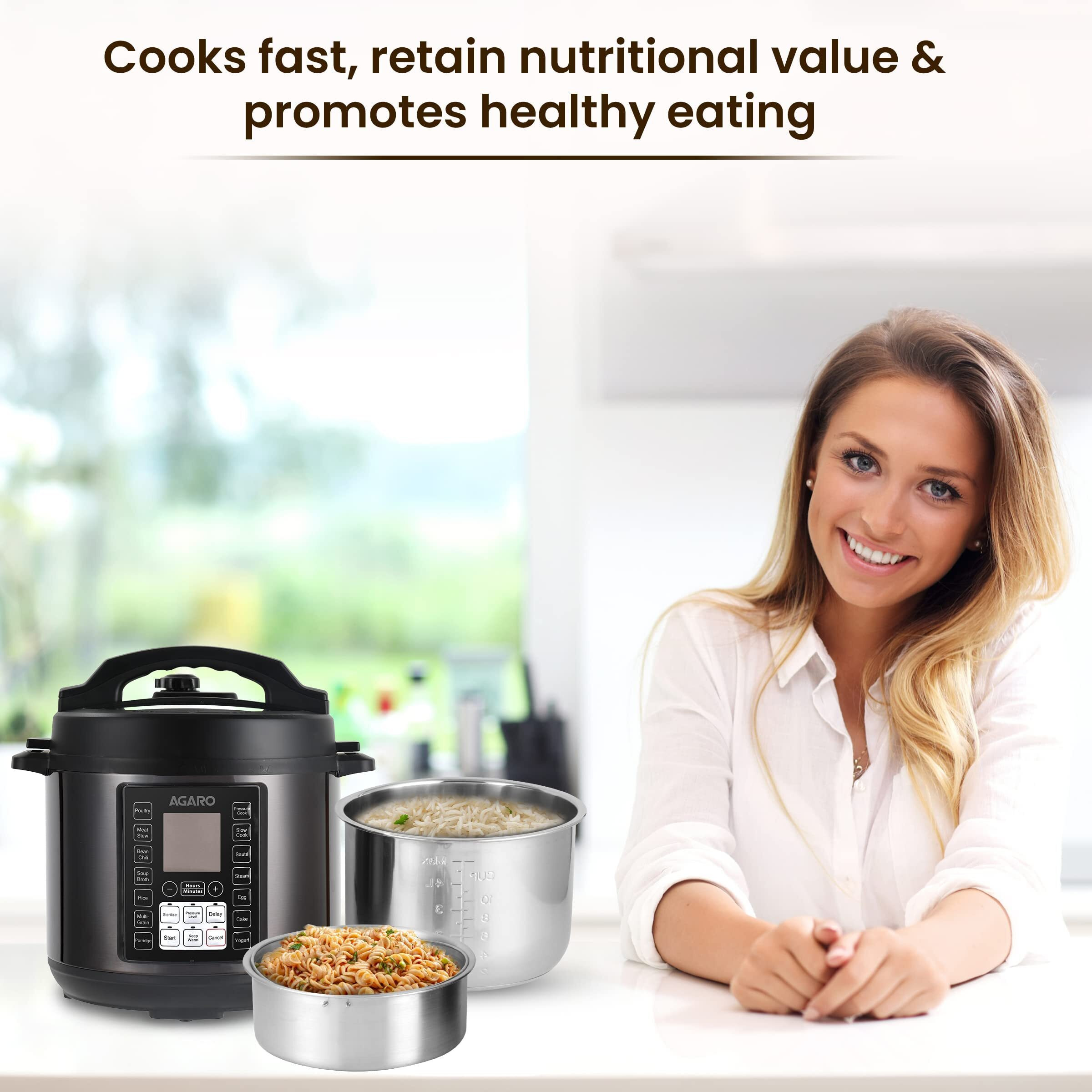 AGARO Imperial Electric Pressure Cooker, 6 litre, 14 Pre-Set multi Cooking Functions, Adjustable Pressure, Timer, Stainless Steel Pot, Pressure Cook, Slow Cook, Saute & More, Black, Outer Lid