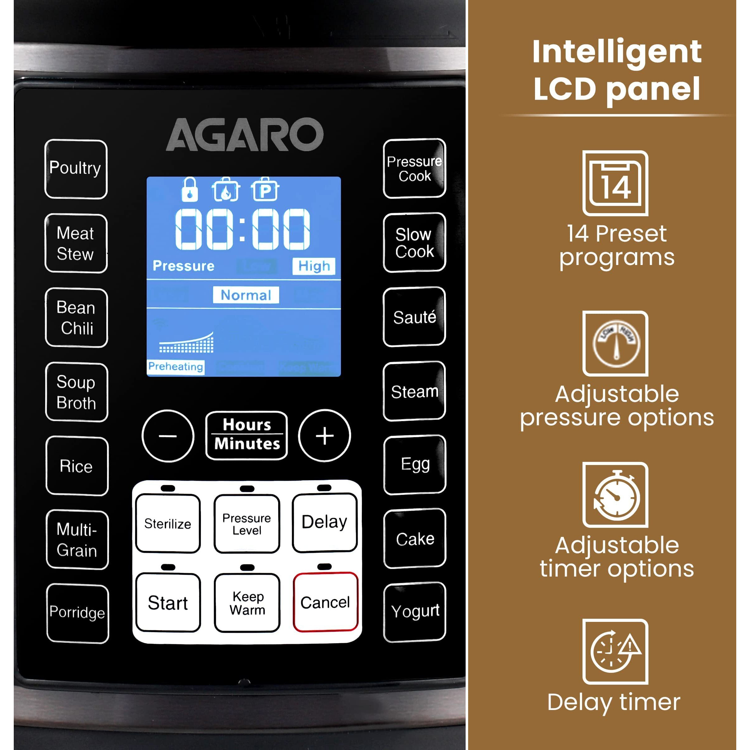 AGARO Imperial Electric Pressure Cooker, 6 litre, 14 Pre-Set multi Cooking Functions, Adjustable Pressure, Timer, Stainless Steel Pot, Pressure Cook, Slow Cook, Saute & More, Black, Outer Lid