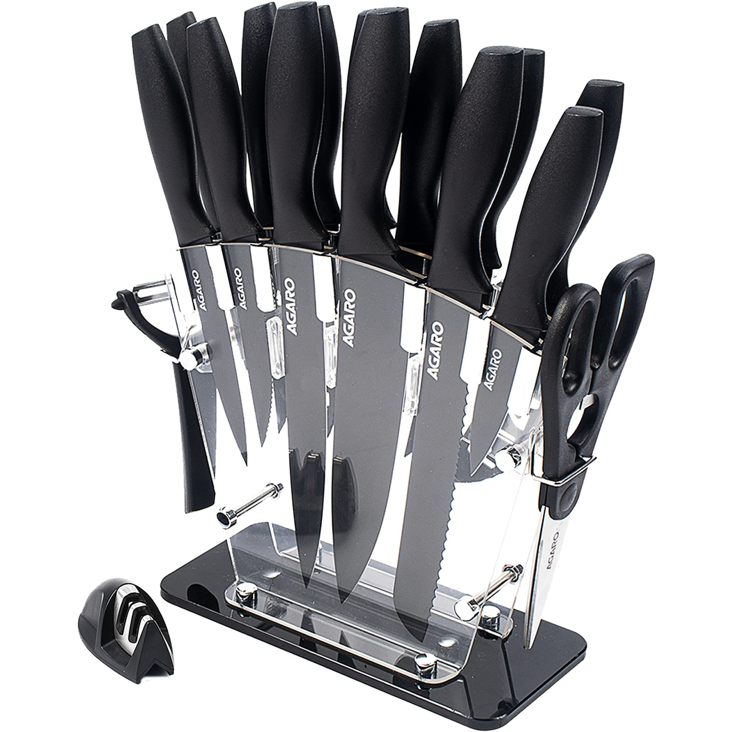 AGARO Grand 17Pcs Kitchen Knife Set with Acrylic Stand, High Carbon Stainless Steel, Professional Chef Knife Set for Kitchen, (13 Knifes + Acrylic Stand +Scissors +Peeler & Knife Sharpener, Black)