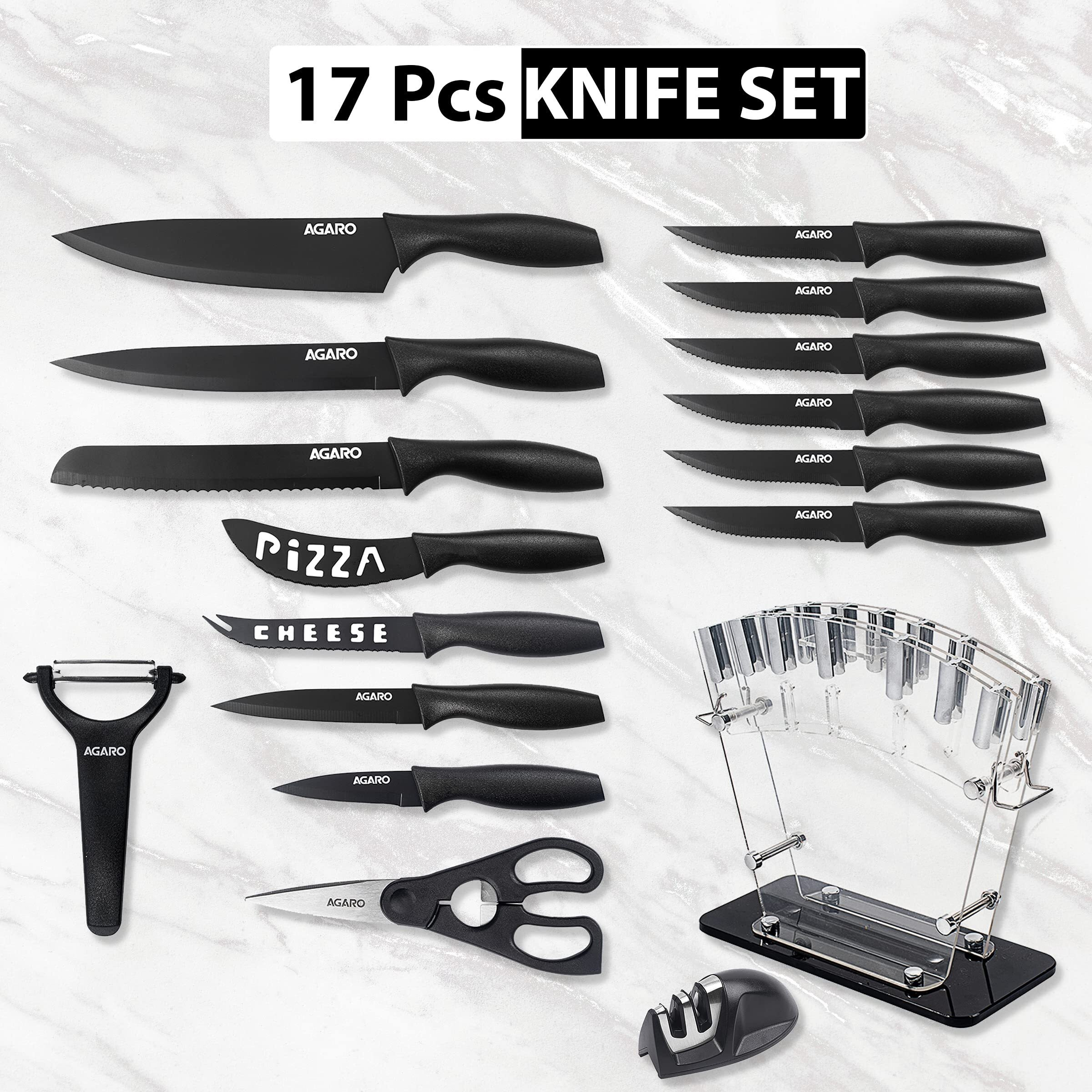 AGARO Grand 17Pcs Kitchen Knife Set with Acrylic Stand, High Carbon Stainless Steel, Professional Chef Knife Set for Kitchen, (13 Knifes + Acrylic Stand +Scissors +Peeler & Knife Sharpener, Black)