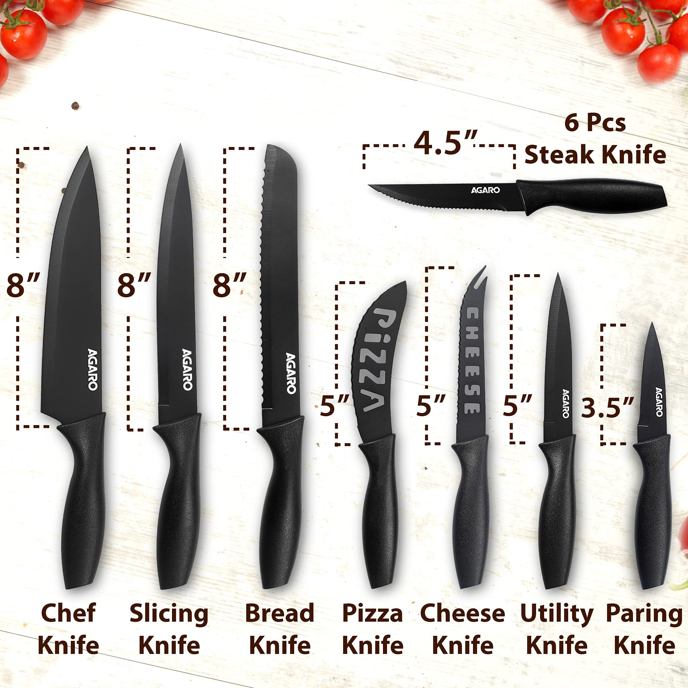 AGARO Grand 17Pcs Kitchen Knife Set with Acrylic Stand, High Carbon Stainless Steel, Professional Chef Knife Set for Kitchen, (13 Knifes + Acrylic Stand +Scissors +Peeler & Knife Sharpener, Black)