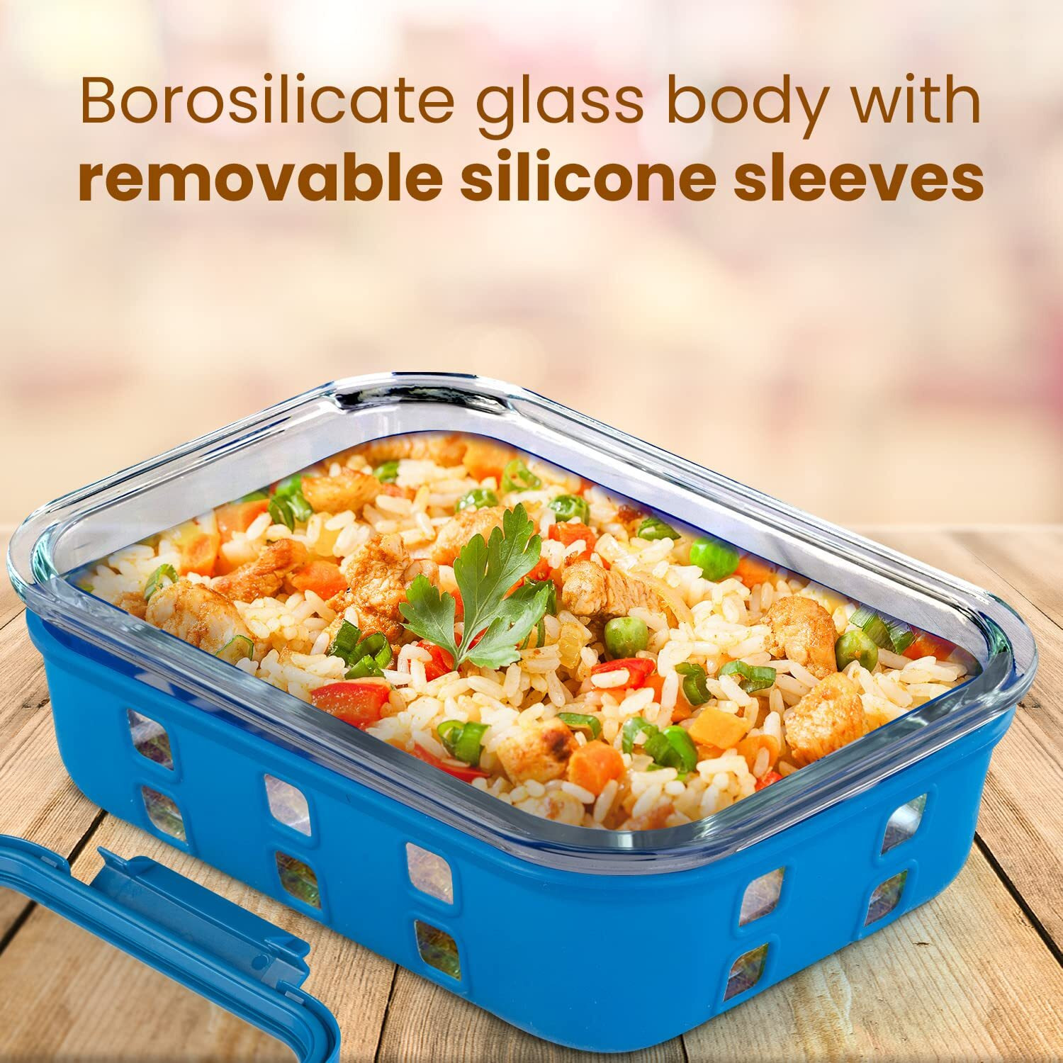 AGARO Imperial Borosilicate Glass Containers with Silicone Sleeves & with Lock Lid, 3 pcs Set, 370ml, 640ml, 1050ml, Kitchen, Microwave, Oven and Freezer Safe, Rectangle Shape, Transparent, Blue