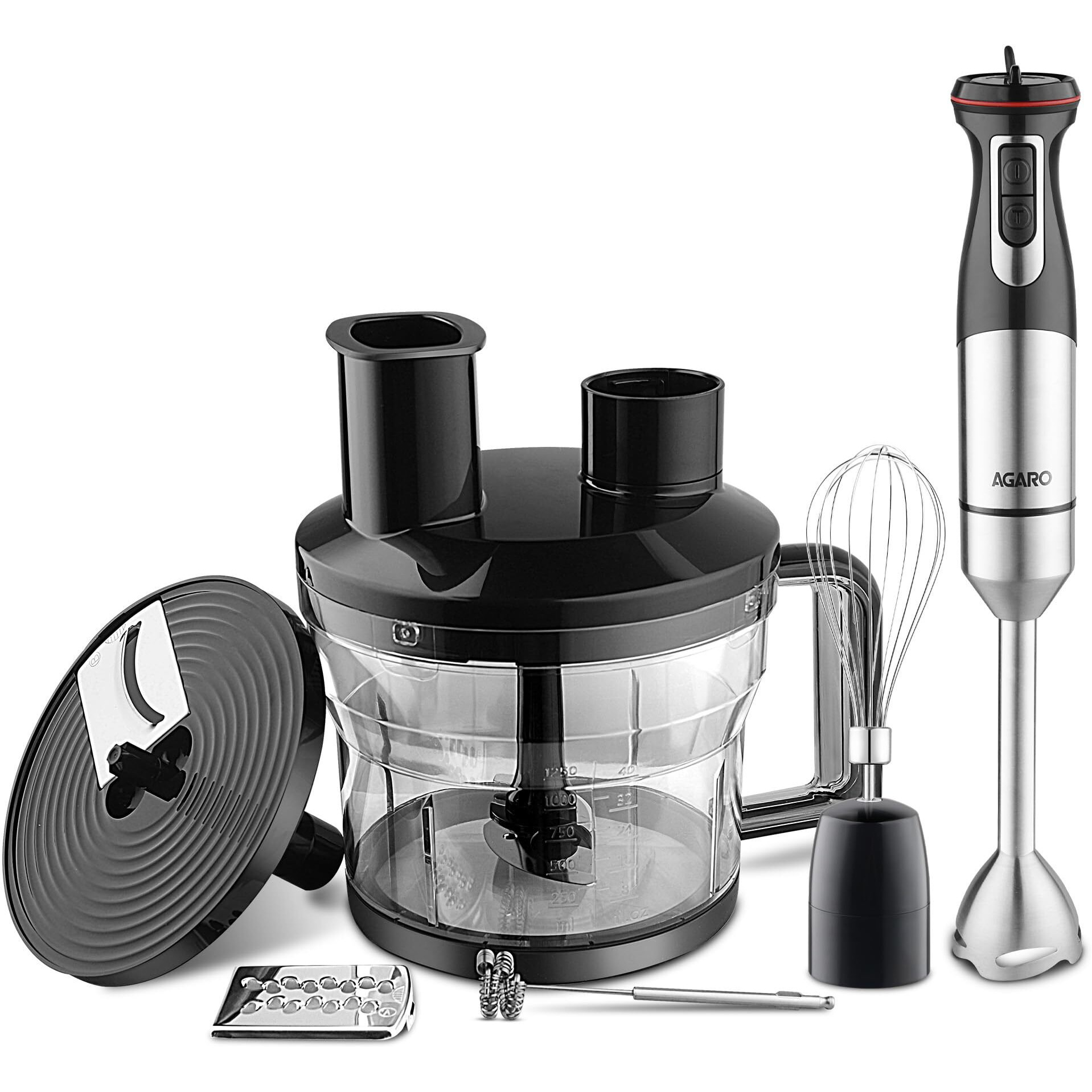 AGARO Grand Plus 6 in 1 Hand Blender 1000W, 100% Copper Motor, 2 Variable Speed Modes & Speed Regulator, Stainless Steel Blades, Chopper,Whisker,Multipurpose Jar, frother, slicer, shredder, Black