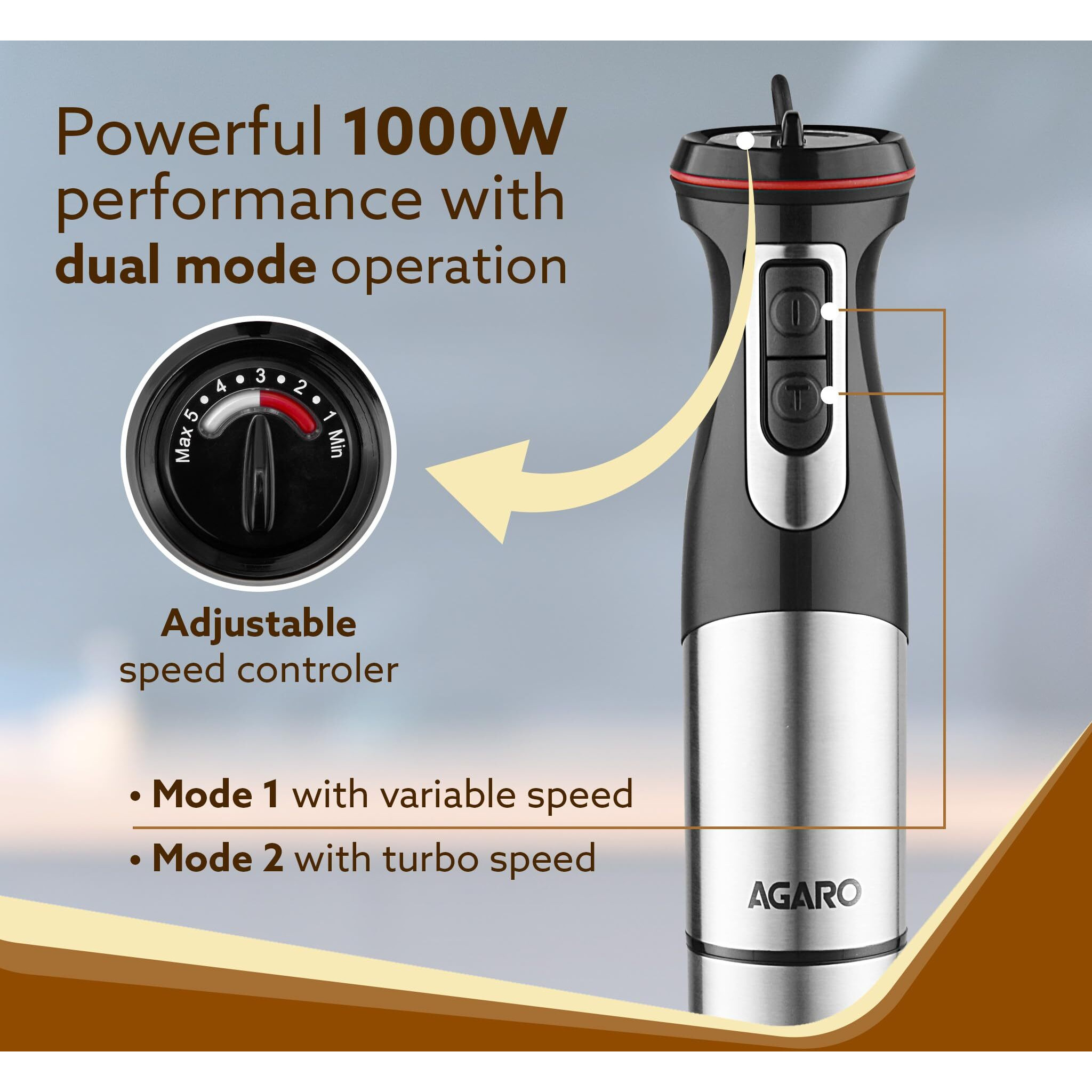 AGARO Grand Plus 6 in 1 Hand Blender 1000W, 100% Copper Motor, 2 Variable Speed Modes & Speed Regulator, Stainless Steel Blades, Chopper,Whisker,Multipurpose Jar, frother, slicer, shredder, Black