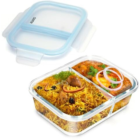 AGARO Compartment Lunch Box/Container 600Ml, Office Tiffin Box for Men & Women, Borosilicate Glass Body, Microwave Oven Safe, Leak Proof Locking Lid, Airtight Tiffin for Office, Transparent