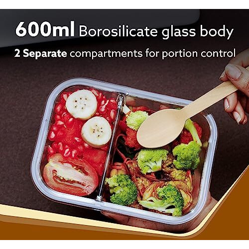 AGARO Compartment Lunch Box/Container 600Ml, Office Tiffin Box for Men & Women, Borosilicate Glass Body, Microwave Oven Safe, Leak Proof Locking Lid, Airtight Tiffin for Office, Transparent