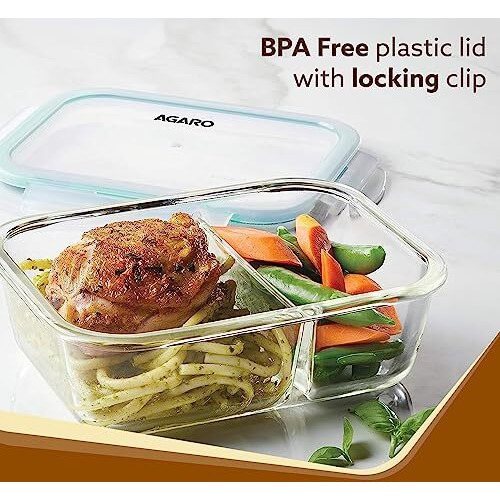 AGARO Compartment Lunch Box/Container 600Ml, Office Tiffin Box for Men & Women, Borosilicate Glass Body, Microwave Oven Safe, Leak Proof Locking Lid, Airtight Tiffin for Office, Transparent