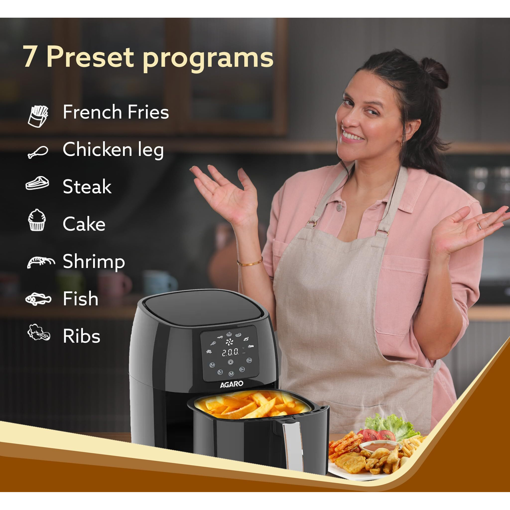 AGARO Sapphire Digital Air Fryer For Home, 4.5L, Electric Air Fryer Oven, 1400W, 7 Preset Programs, 360 Air Circulation, Convection Oven, Digital touch Display, Fry, Bake, Roast, Toast, Black.