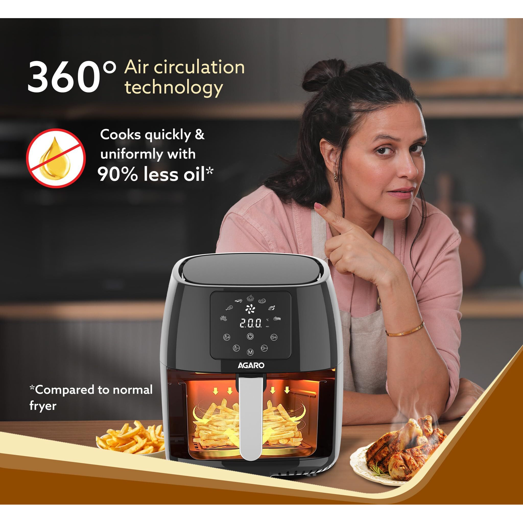 AGARO Sapphire Digital Air Fryer For Home, 4.5L, Electric Air Fryer Oven, 1400W, 7 Preset Programs, 360 Air Circulation, Convection Oven, Digital touch Display, Fry, Bake, Roast, Toast, Black.