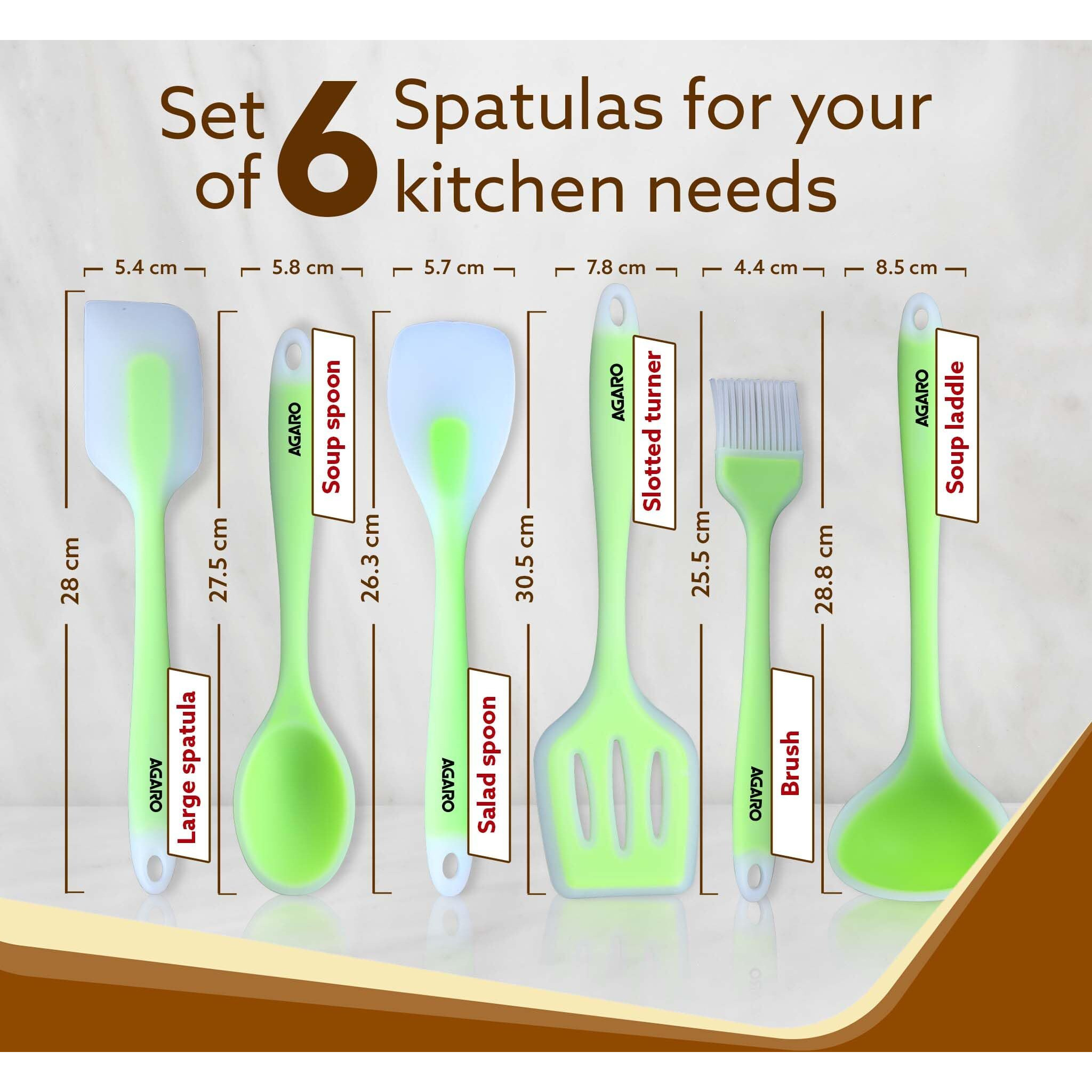 AGARO Deluxe Silicone Spatula Set of 6, Heat Resistant, Cooking, Baking and Mixing, Non-Stick Cookware, BPA Free, Seamless Design, Green.