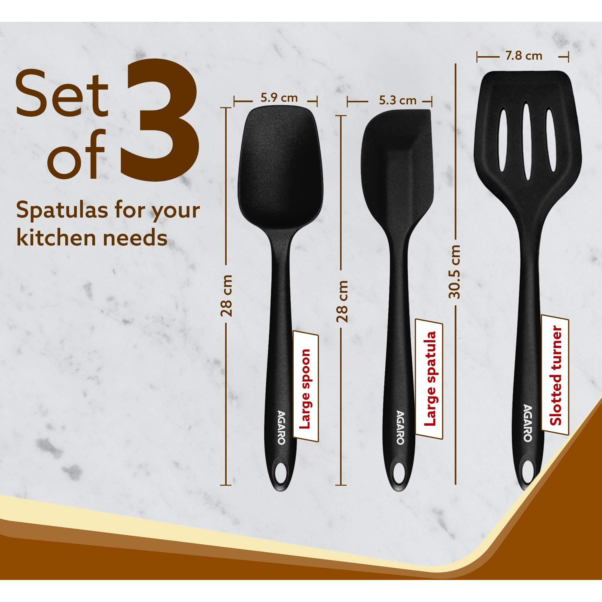 AGARO Deluxe Silicone Spatula Set of 3, Heat Resistant, Cooking, Baking and Mixing, Non-Stick Cookware, BPA Free, Seamless Design, Black.