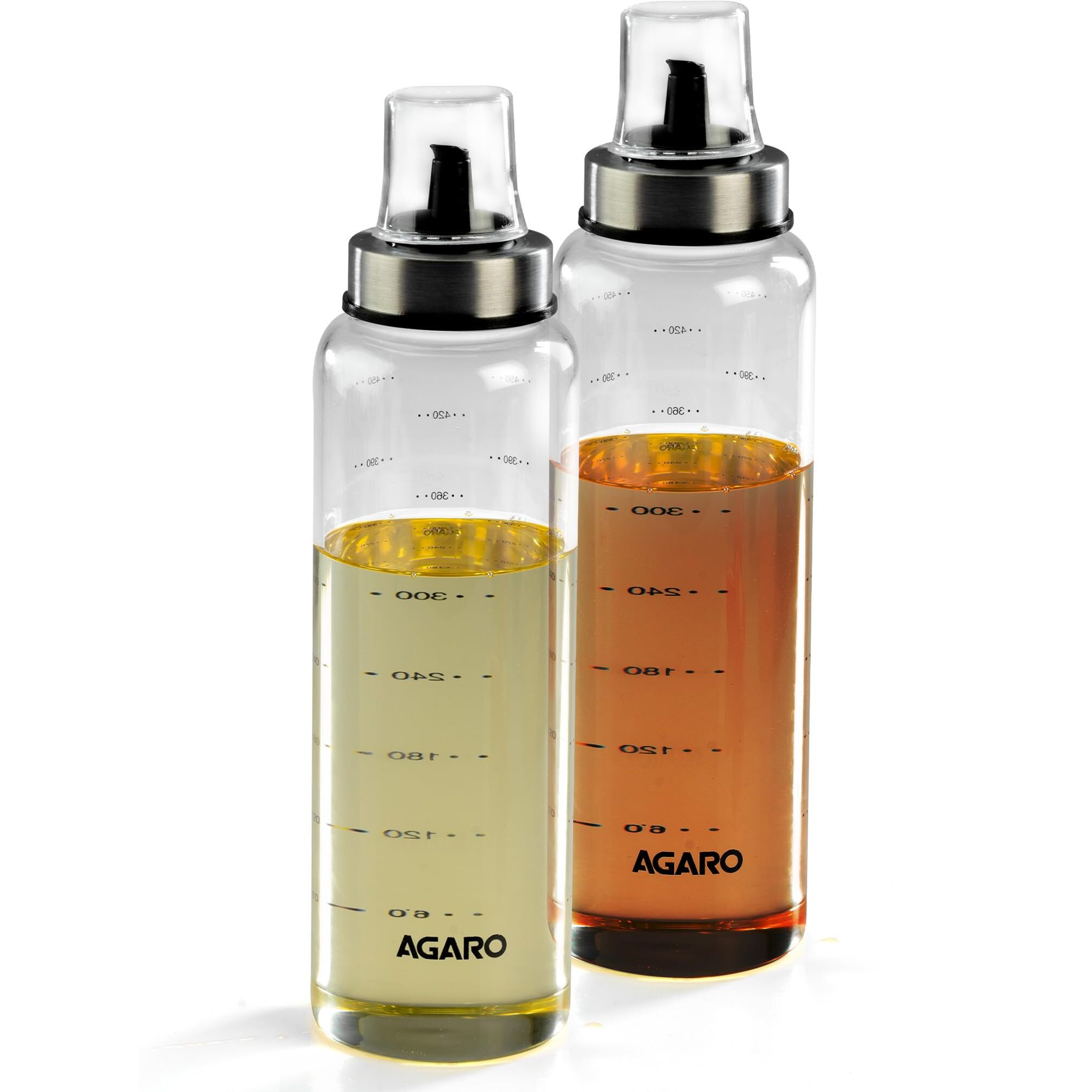 AGARO Elite Borosilicate Glass Oil Dispenser With Capacity Markings, Pack of 2, 500 Ml each, Metallic Lid, Oil Bottle Jar, Transparent