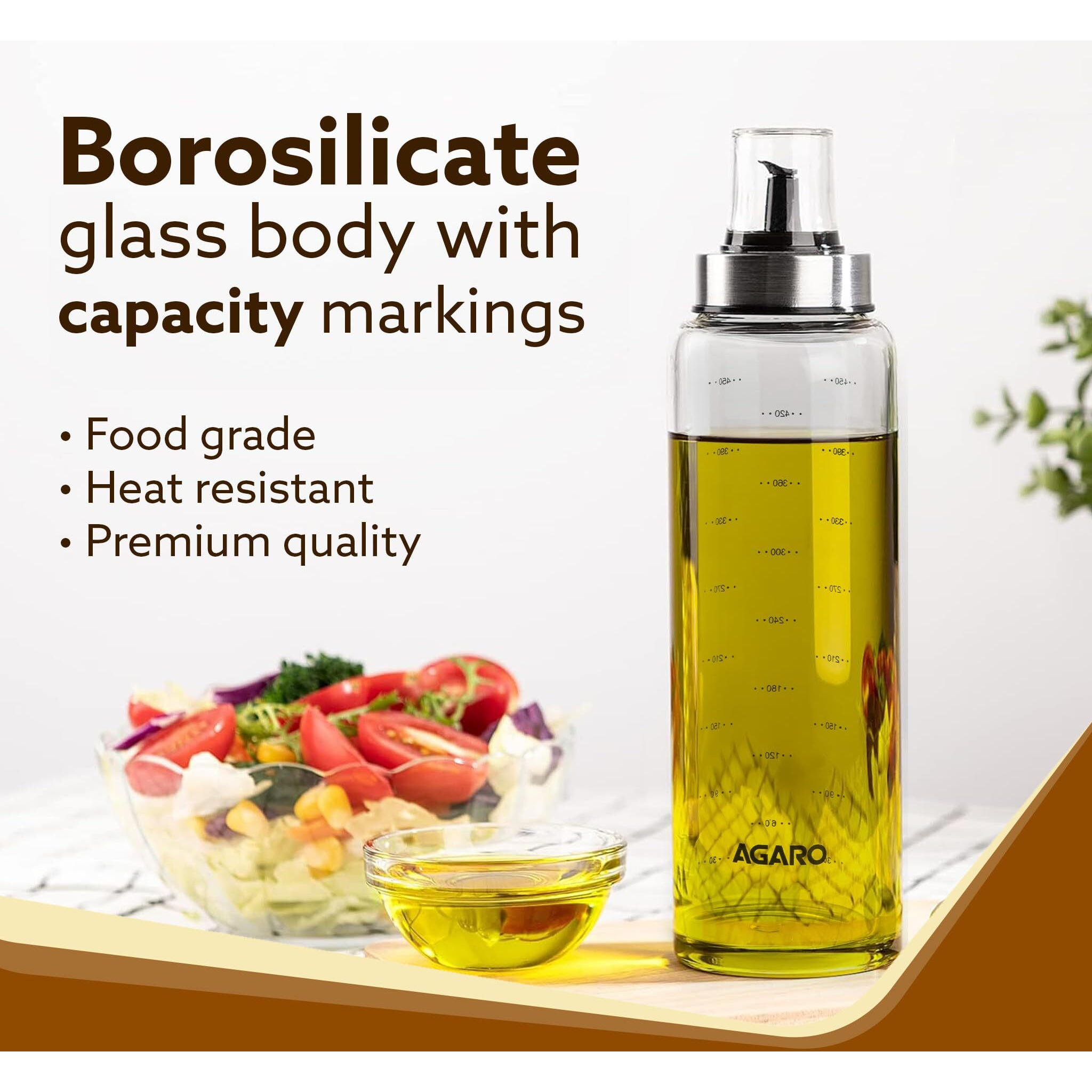 AGARO Elite Borosilicate Glass Oil Dispenser With Capacity Markings, Pack of 2, 500 Ml each, Metallic Lid, Oil Bottle Jar, Transparent