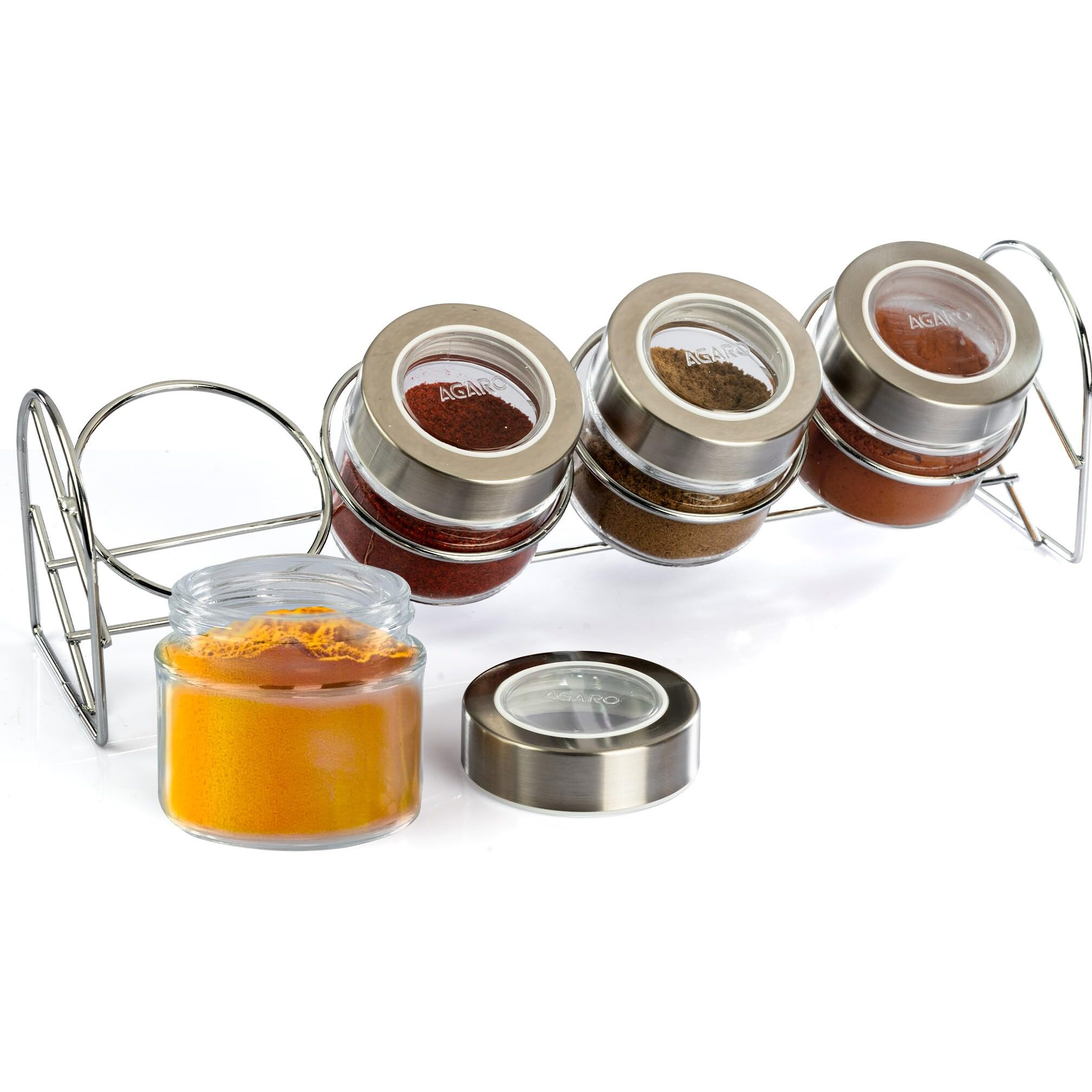 AGARO Elegant Glass Spice Jar with Metal Stand, Pack of 4, 100Ml Each, Spice storage box, kitchen organizer, spice containers, masala box for kitchen, Steel lid with transparent plastic, Transparent