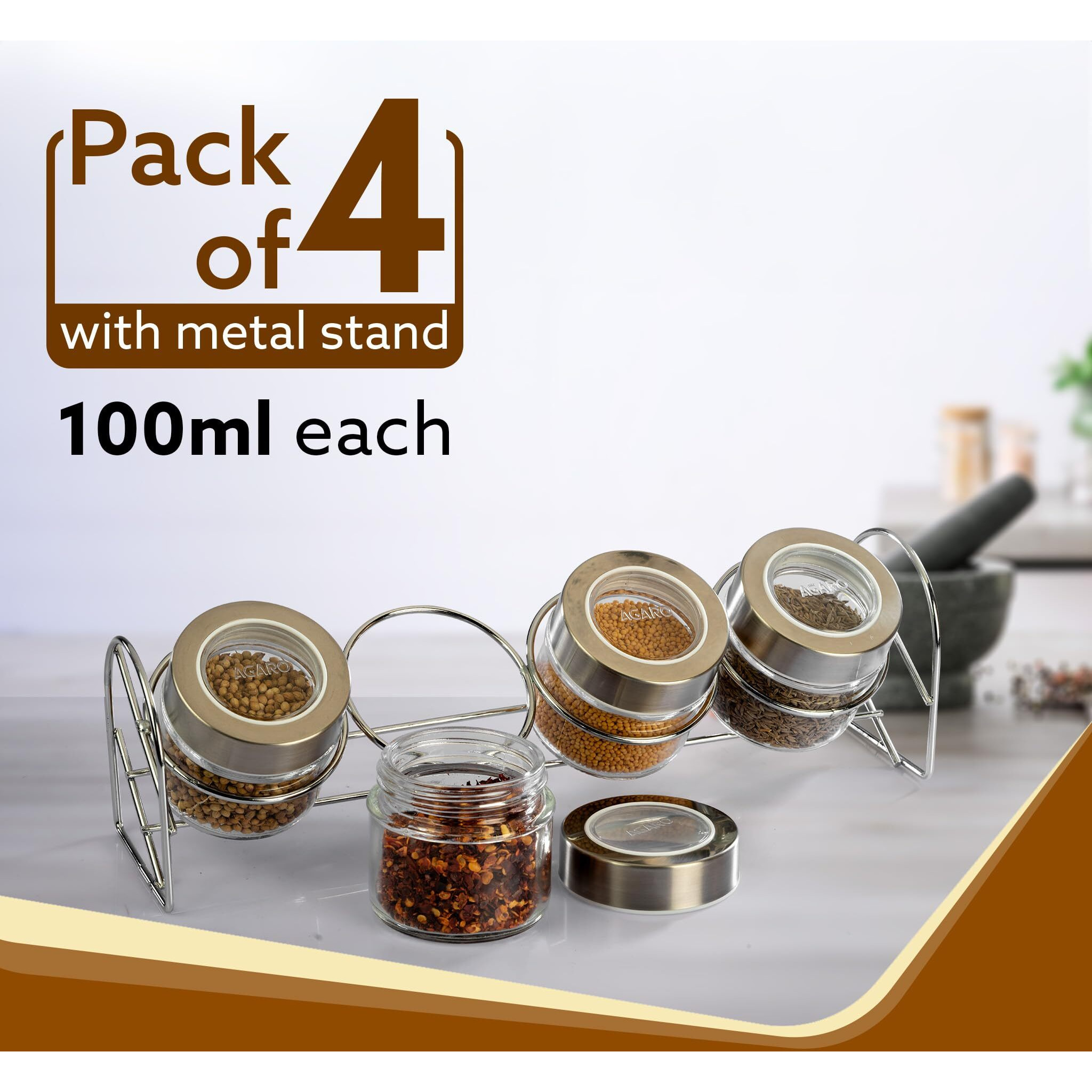 AGARO Elegant Glass Spice Jar with Metal Stand, Pack of 4, 100Ml Each, Spice storage box, kitchen organizer, spice containers, masala box for kitchen, Steel lid with transparent plastic, Transparent