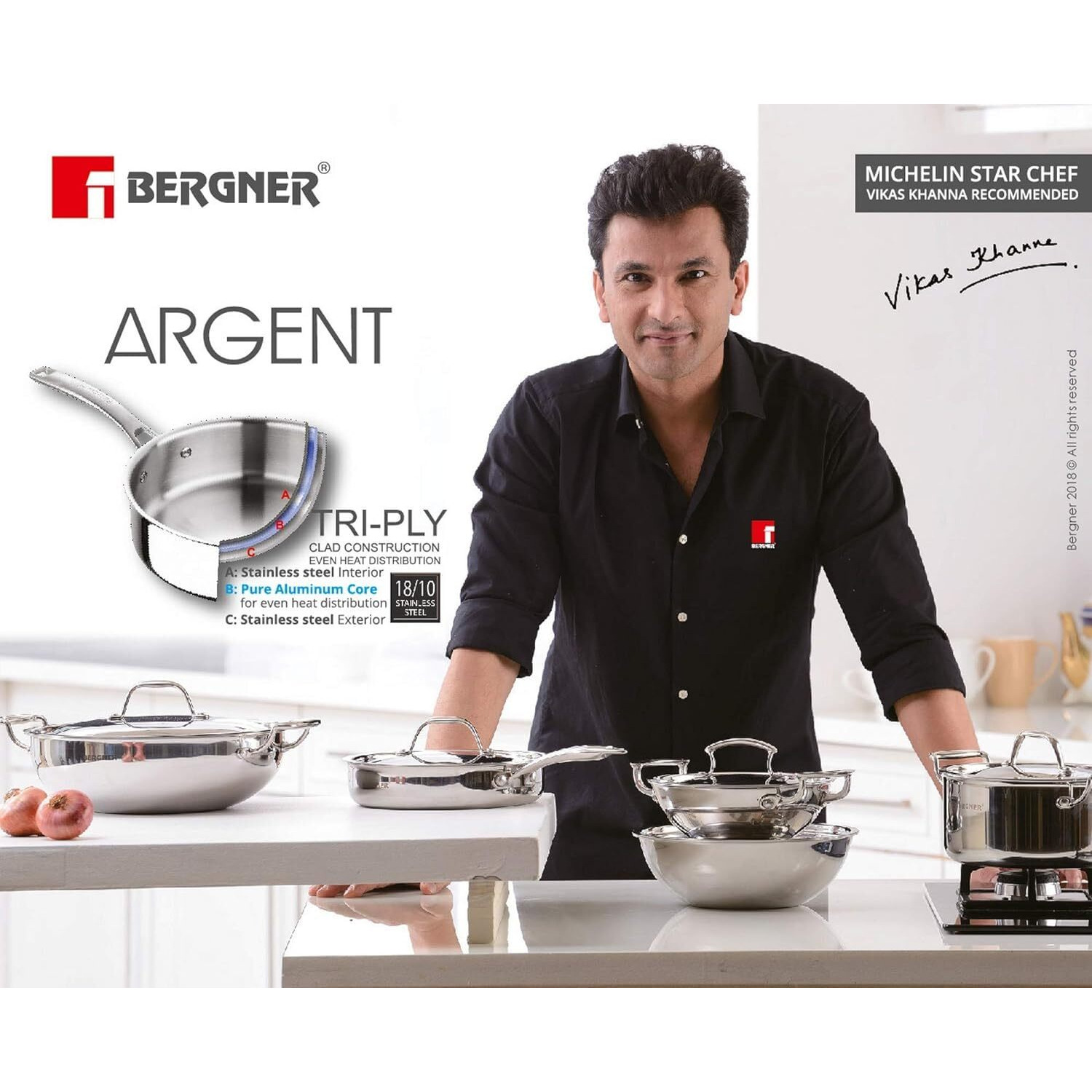 Bergner Argent Triply 16 cm Tasla/Kadai, 1 L Capacity, Cook/Serve, Stainless Steel Lid, For Deep-Fry/Saut/Stir-Fry/Mixing/Desserts/Gravy, Multi-Layered Mirror Finish, Induction & Gas Ready, 5-Year Warranty