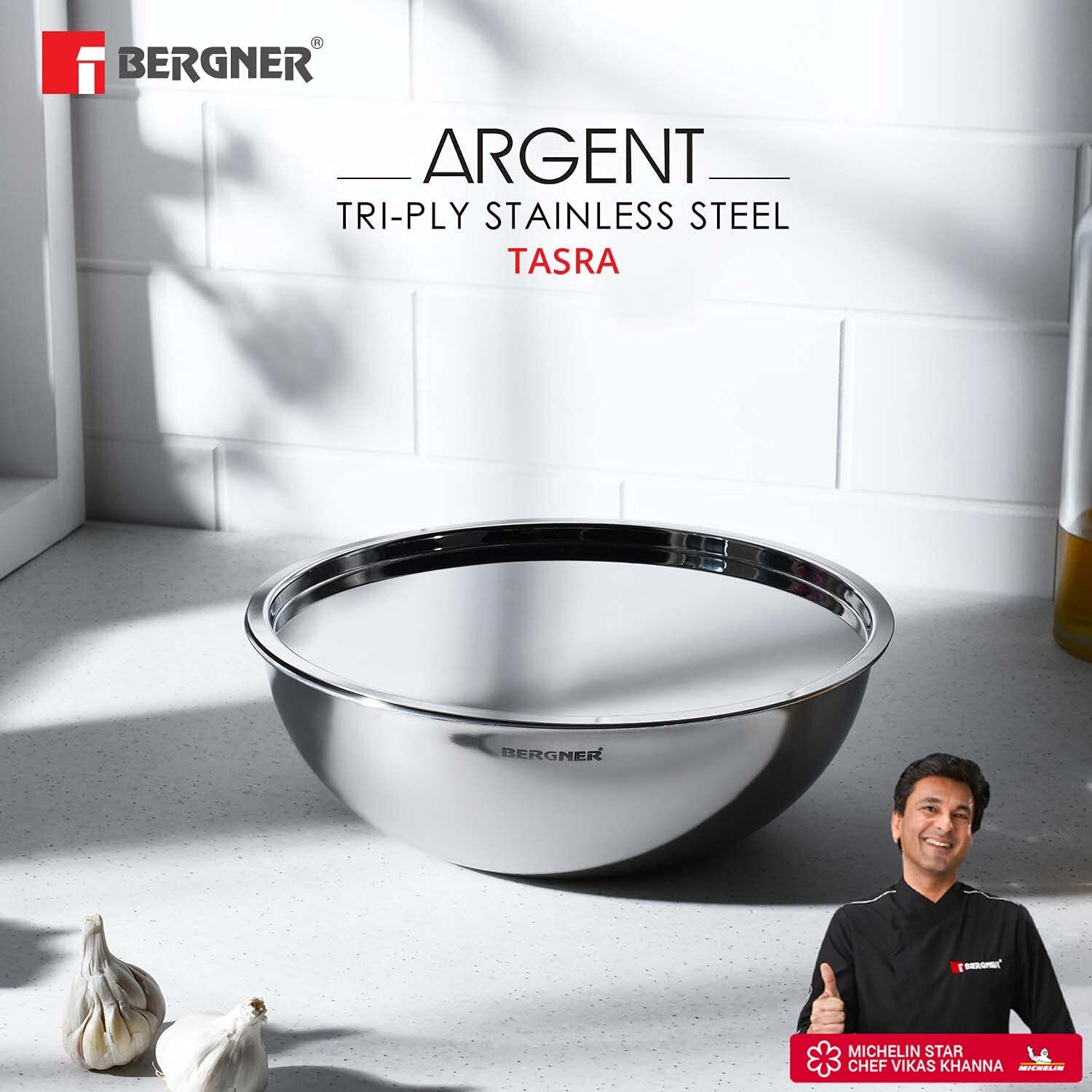 Bergner Argent Triply 16 cm Tasla/Kadai, 1 L Capacity, Cook/Serve, Stainless Steel Lid, For Deep-Fry/Saut/Stir-Fry/Mixing/Desserts/Gravy, Multi-Layered Mirror Finish, Induction & Gas Ready, 5-Year Warranty