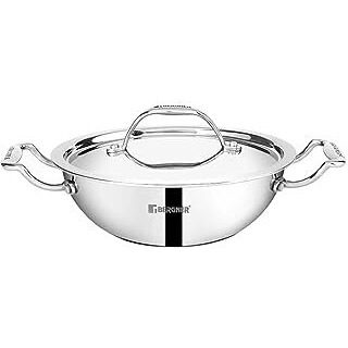 Bergner Argent Junior Chef Triply Stainless Steel 18 cm Kadai with Stainless Steel Lid, 1.5 L Kadhai/Indian Wok, Durable Cookware, Mirror Finish, Induction Base and Gas Ready, Silver, 5-Year Warranty