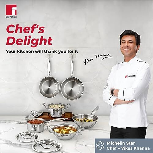 Bergner Argent Junior Chef Triply Stainless Steel 18 cm Kadai with Stainless Steel Lid, 1.5 L Kadhai/Indian Wok, Durable Cookware, Mirror Finish, Induction Base and Gas Ready, Silver, 5-Year Warranty