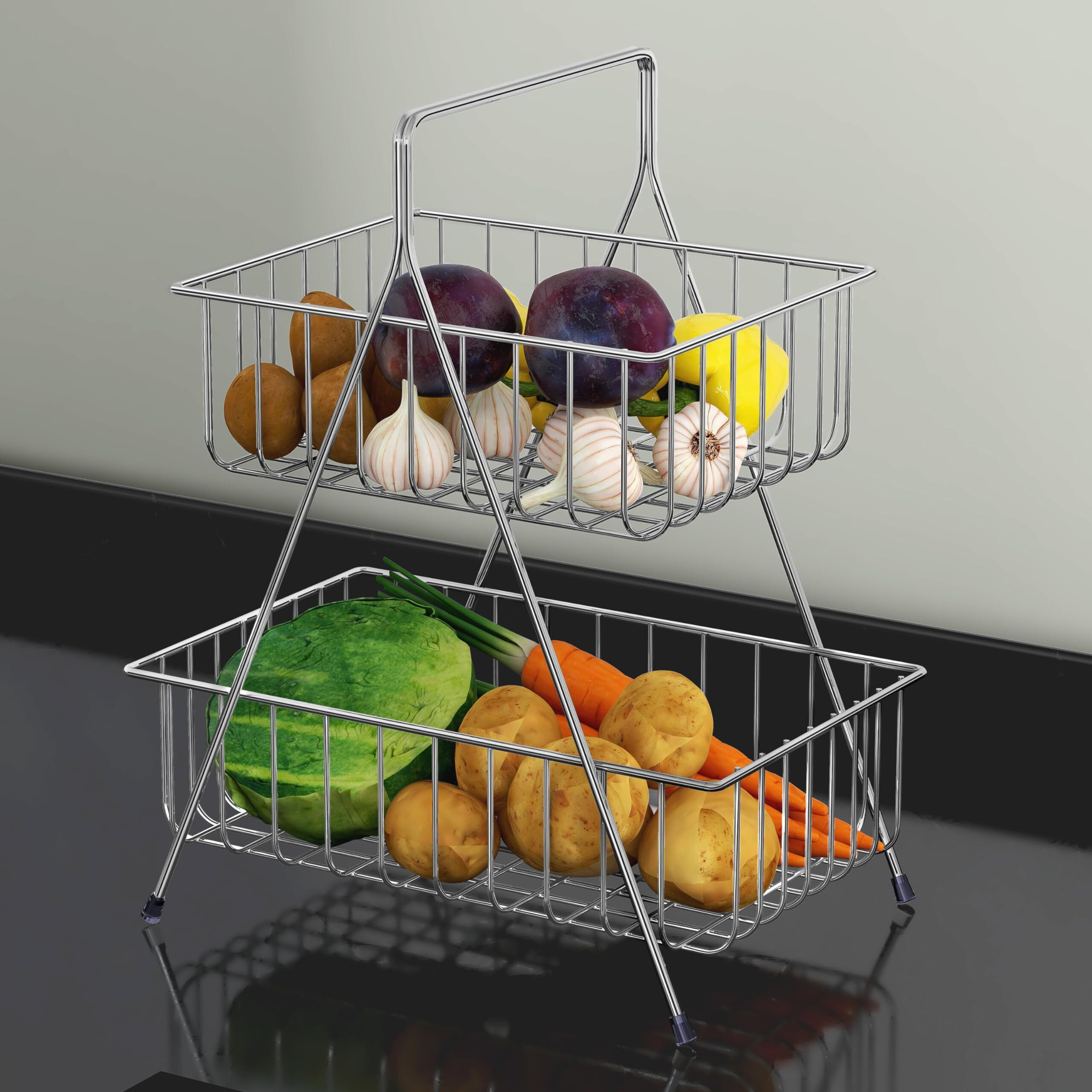 Plantex High Grade Steel 2-Tier Fruit & Vegetable Basket for Dining Table/Kitchen  (Chrome)