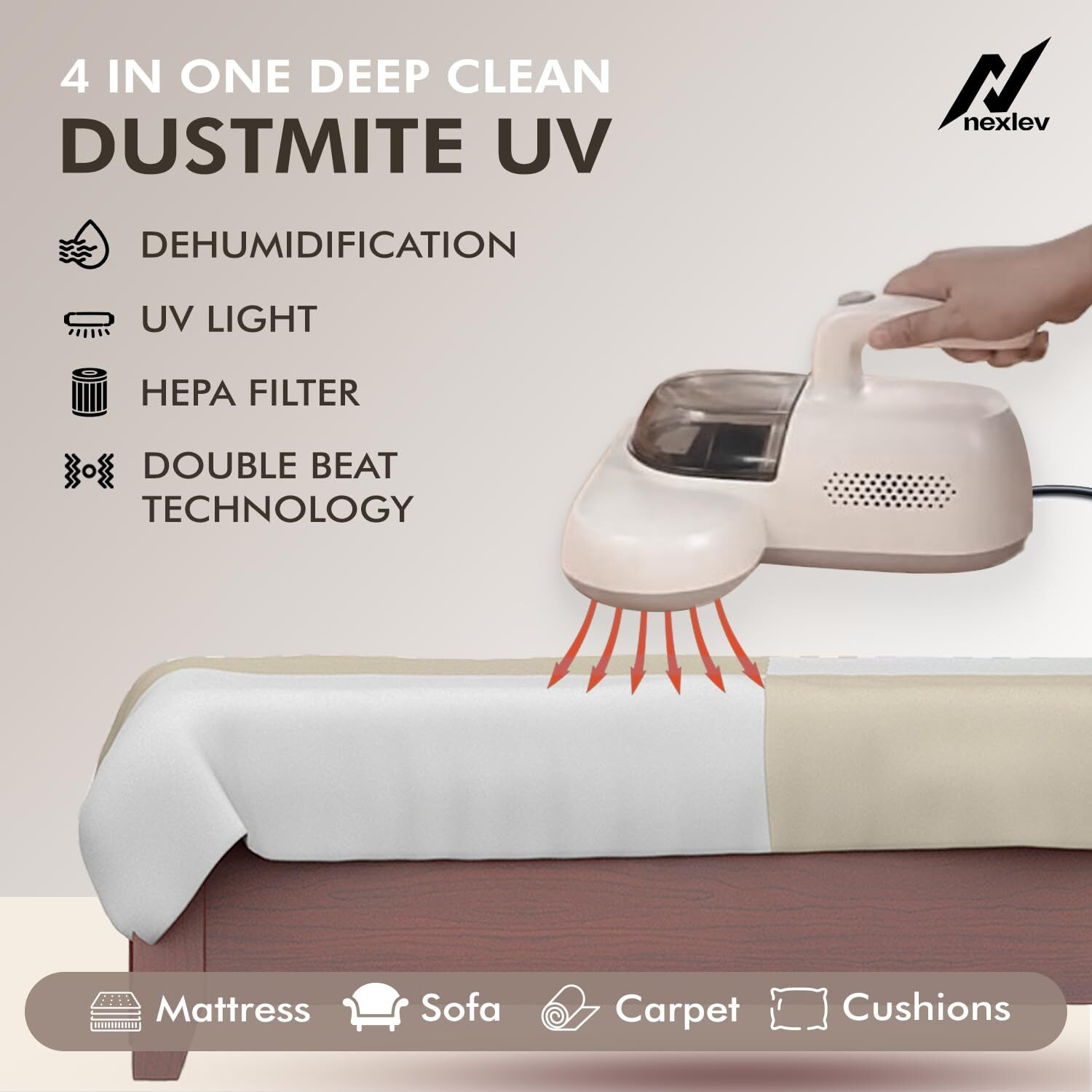 nexlev Dust Mite UV Bed/Sofa Vacuum | UV Light, Dehumidification, HEPA Filtration, Strong Double Beat & Suction | for Bed, Sofa, Pillow & Other Fabrics| 4M Extra long Cord| Kills 99.9% Bacteria MR-01