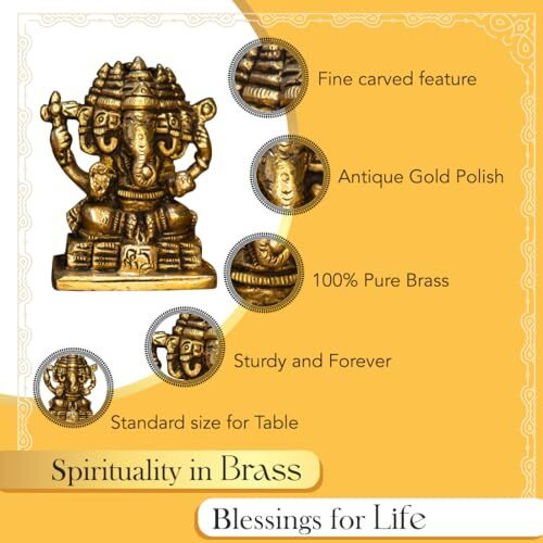 Ekhasa 100% Pure Panchmukhi Brass Ganesha Idol (Size 7 cm) | Pital Ganesh Murti for Pooja Room, Home Decor, Office Desk and Car Dashboard | Vinayagar Statue for Diwali Puja