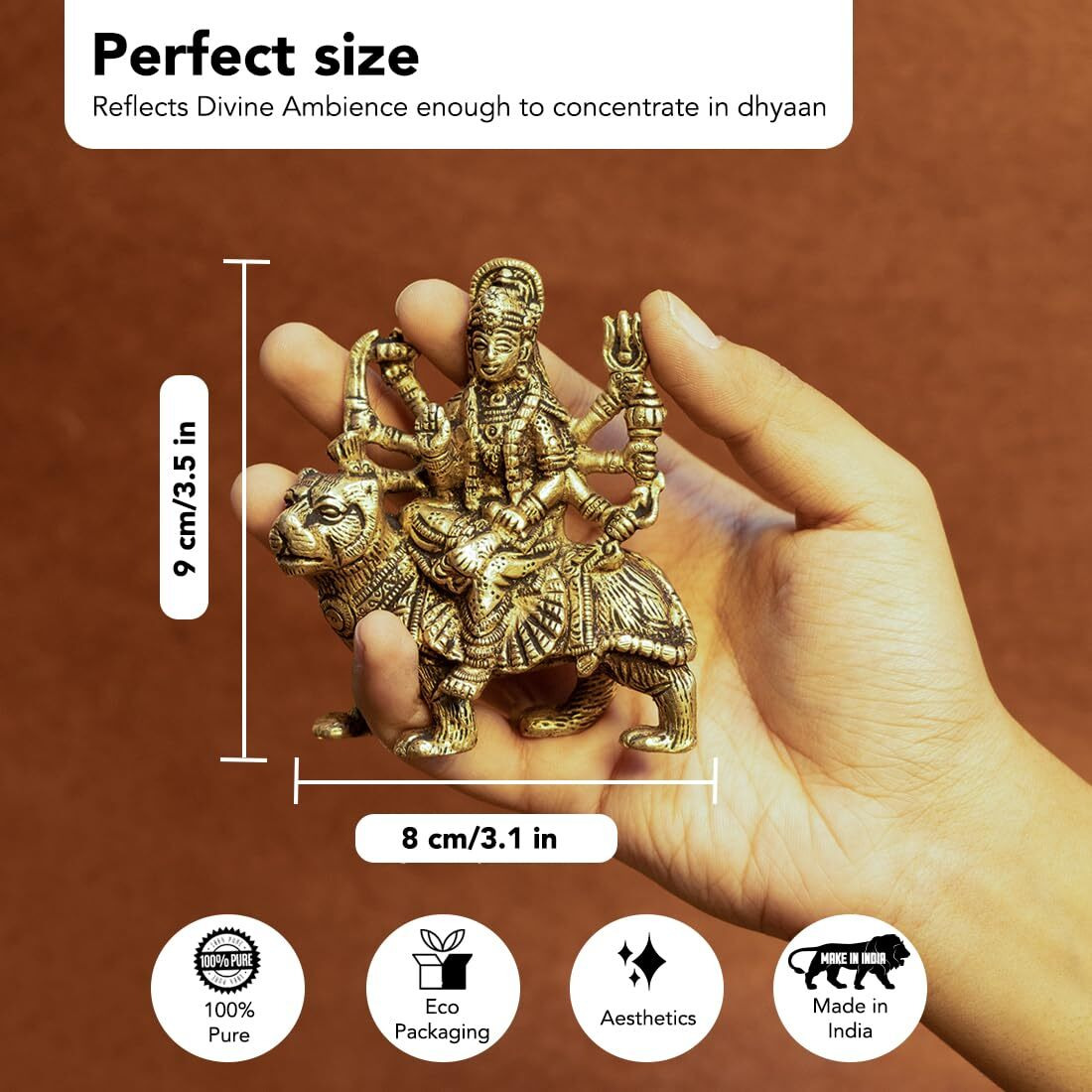 Ekhasa 100% Pure Brass Durga Maa Idol (Size 12.8 cm) | Durga Mata Murti for Home Decor & Puja Room | Mata Rani Murti for Office Desk | Maa Durga Murti for Gift | Sherawali Mata Murti