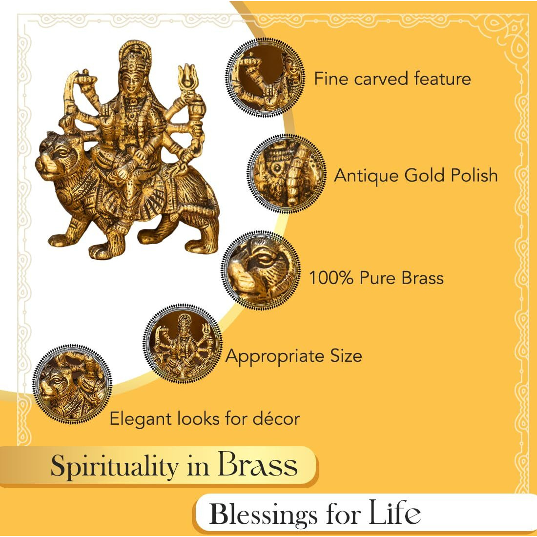 Ekhasa 100% Pure Brass Durga Maa Idol (Size 12.8 cm) | Durga Mata Murti for Home Decor & Puja Room | Mata Rani Murti for Office Desk | Maa Durga Murti for Gift | Sherawali Mata Murti