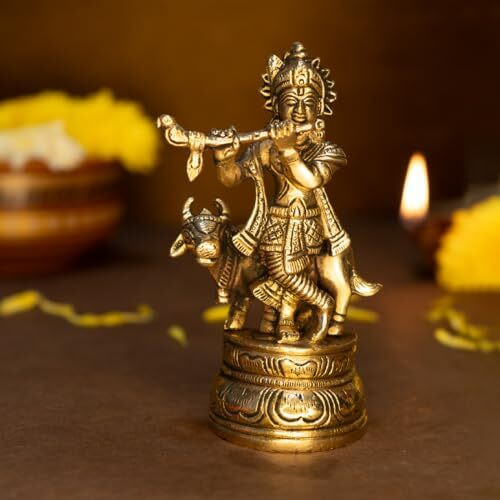 Ekhasa 100% Pure Brass Lord Krishna Idol with Flute | Shree Lord Krishna Statue for Home Decor | Kanha Ji ki Murti for Office Desk | Sri Krishna Idols Gift for House Warming Ceremony