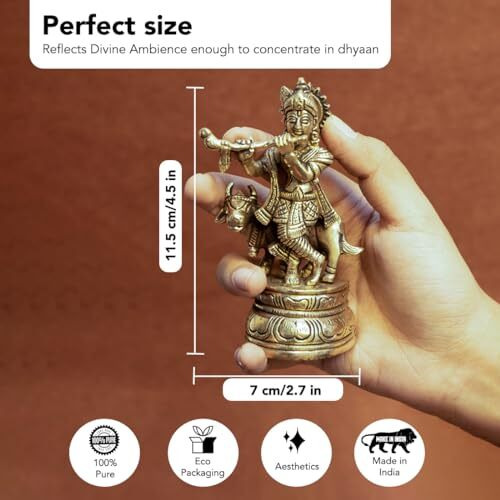 Ekhasa 100% Pure Brass Lord Krishna Idol with Flute | Shree Lord Krishna Statue for Home Decor | Kanha Ji ki Murti for Office Desk | Sri Krishna Idols Gift for House Warming Ceremony