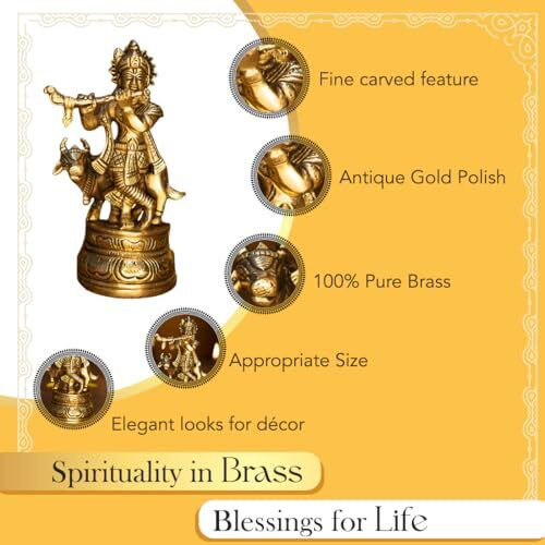 Ekhasa 100% Pure Brass Lord Krishna Idol with Flute | Shree Lord Krishna Statue for Home Decor | Kanha Ji ki Murti for Office Desk | Sri Krishna Idols Gift for House Warming Ceremony