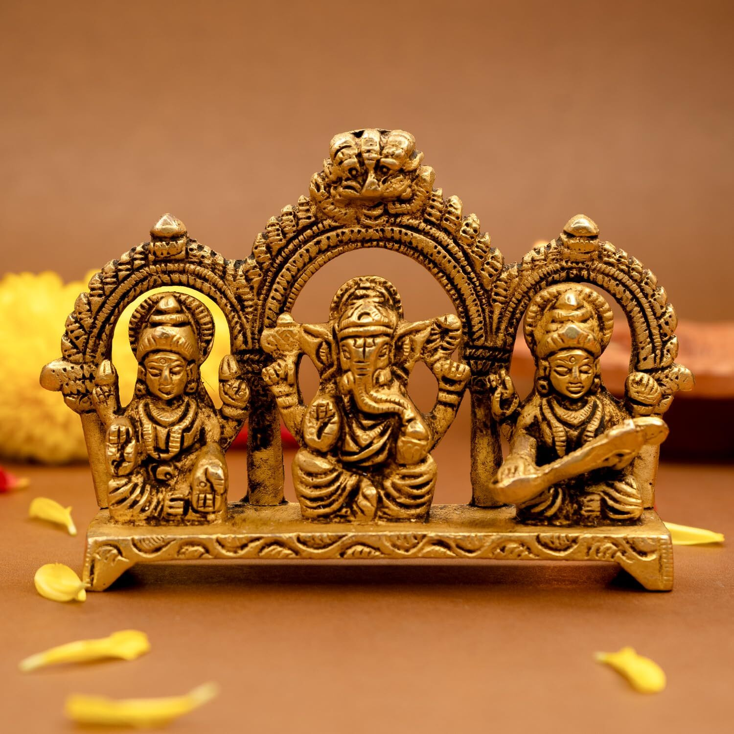 Ekhasa 100% Pure Brass Laxmi Ganesh Saraswati Murti (Size 8.0 cm) | Lord Ganpati Lakshmi Saraswati Maa Idol for Diwali Puja | God Idols for Pooja Room or Griha Pravesh Ceremony