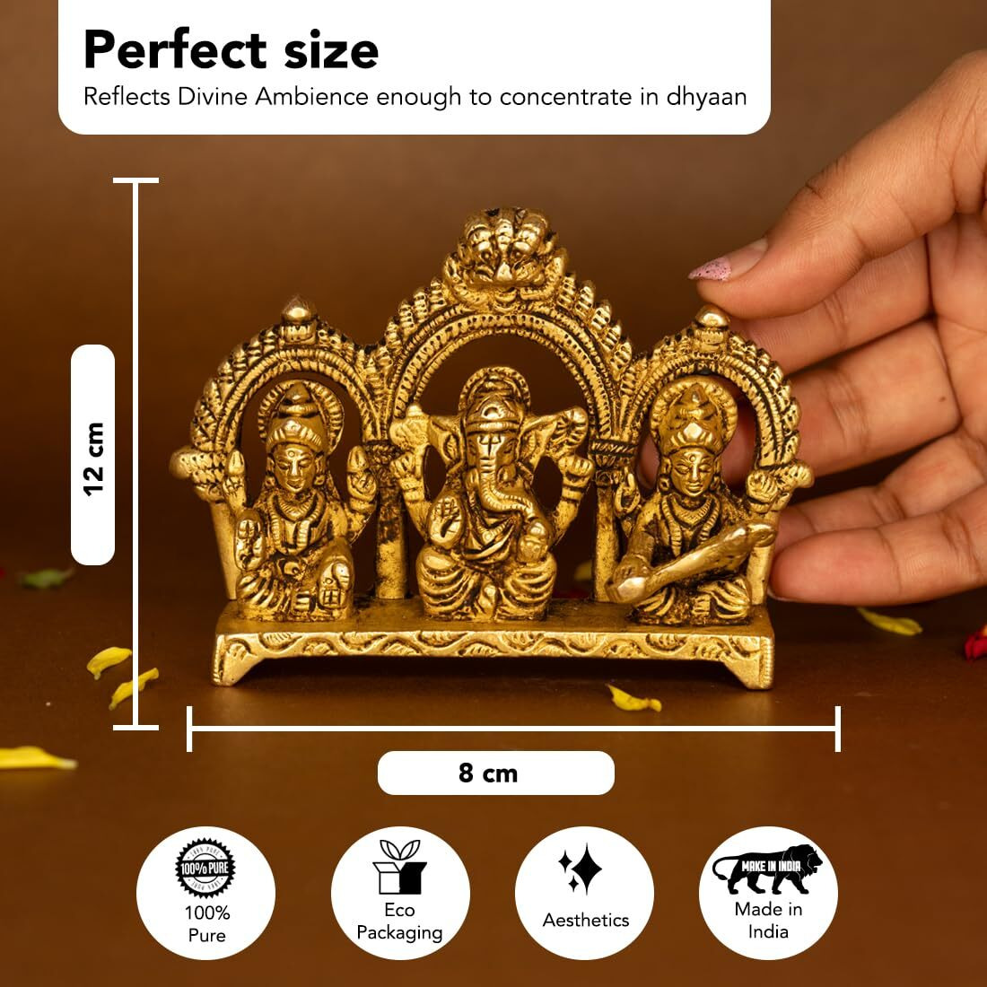 Ekhasa 100% Pure Brass Laxmi Ganesh Saraswati Murti (Size 8.0 cm) | Lord Ganpati Lakshmi Saraswati Maa Idol for Diwali Puja | God Idols for Pooja Room or Griha Pravesh Ceremony