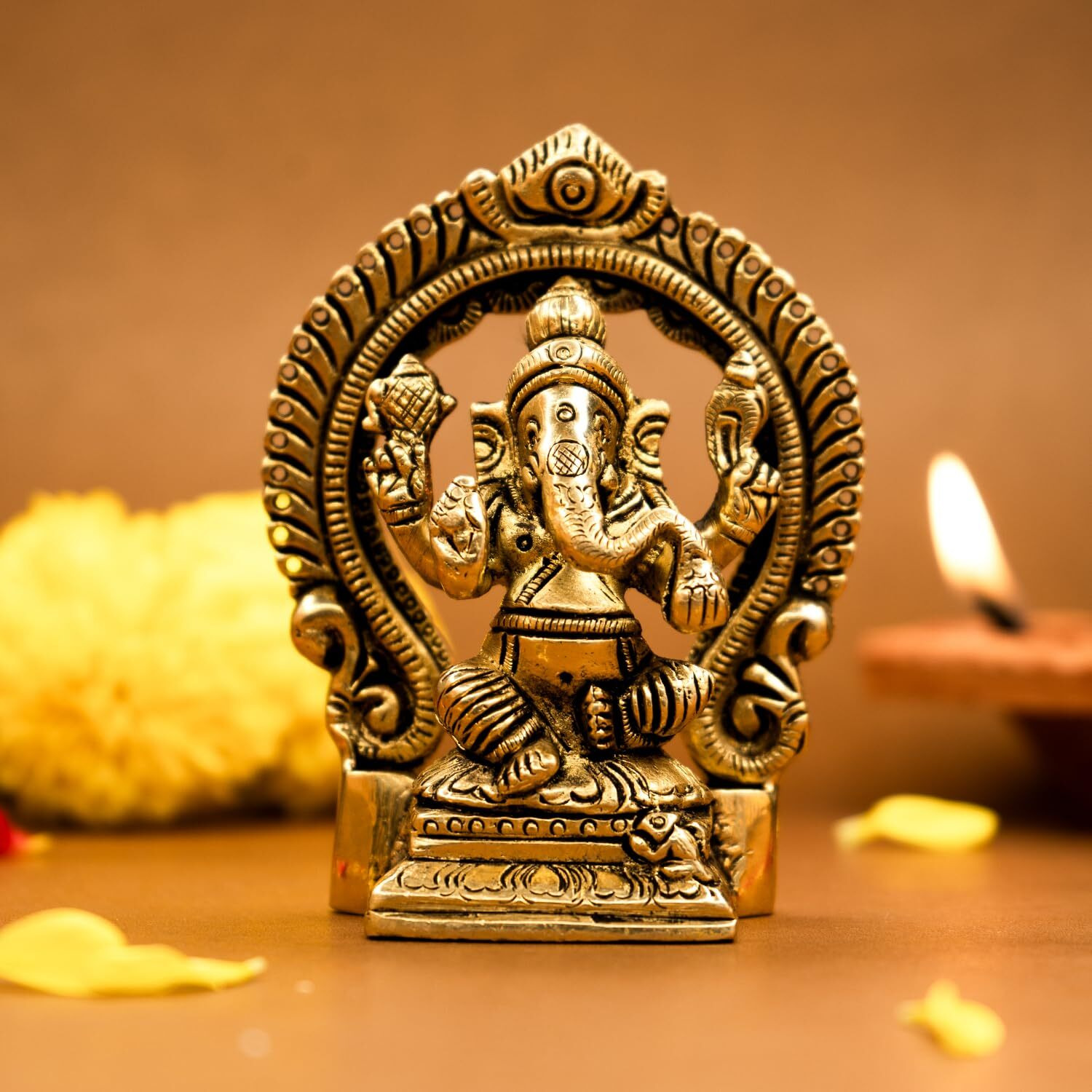 Ekhasa 100% Pure Brass Ganesha Idol (Size 8.7 cm) | Pital Ganesh Murti for Pooja Room, Home Decor, Office Desk and Car Dashboard | Vinayagar Statue for Diwali Puja