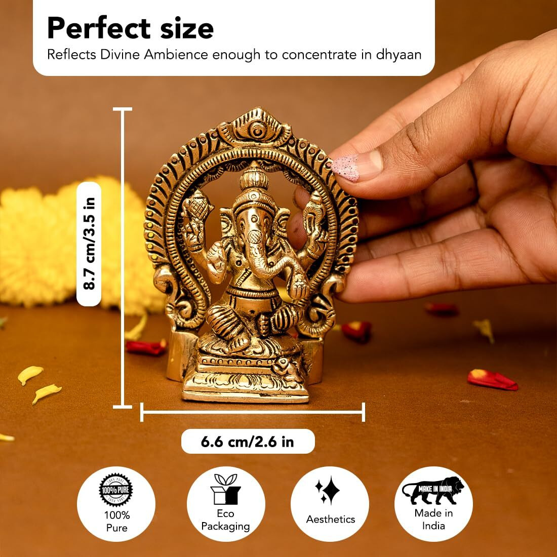 Ekhasa 100% Pure Brass Ganesha Idol (Size 8.7 cm) | Pital Ganesh Murti for Pooja Room, Home Decor, Office Desk and Car Dashboard | Vinayagar Statue for Diwali Puja