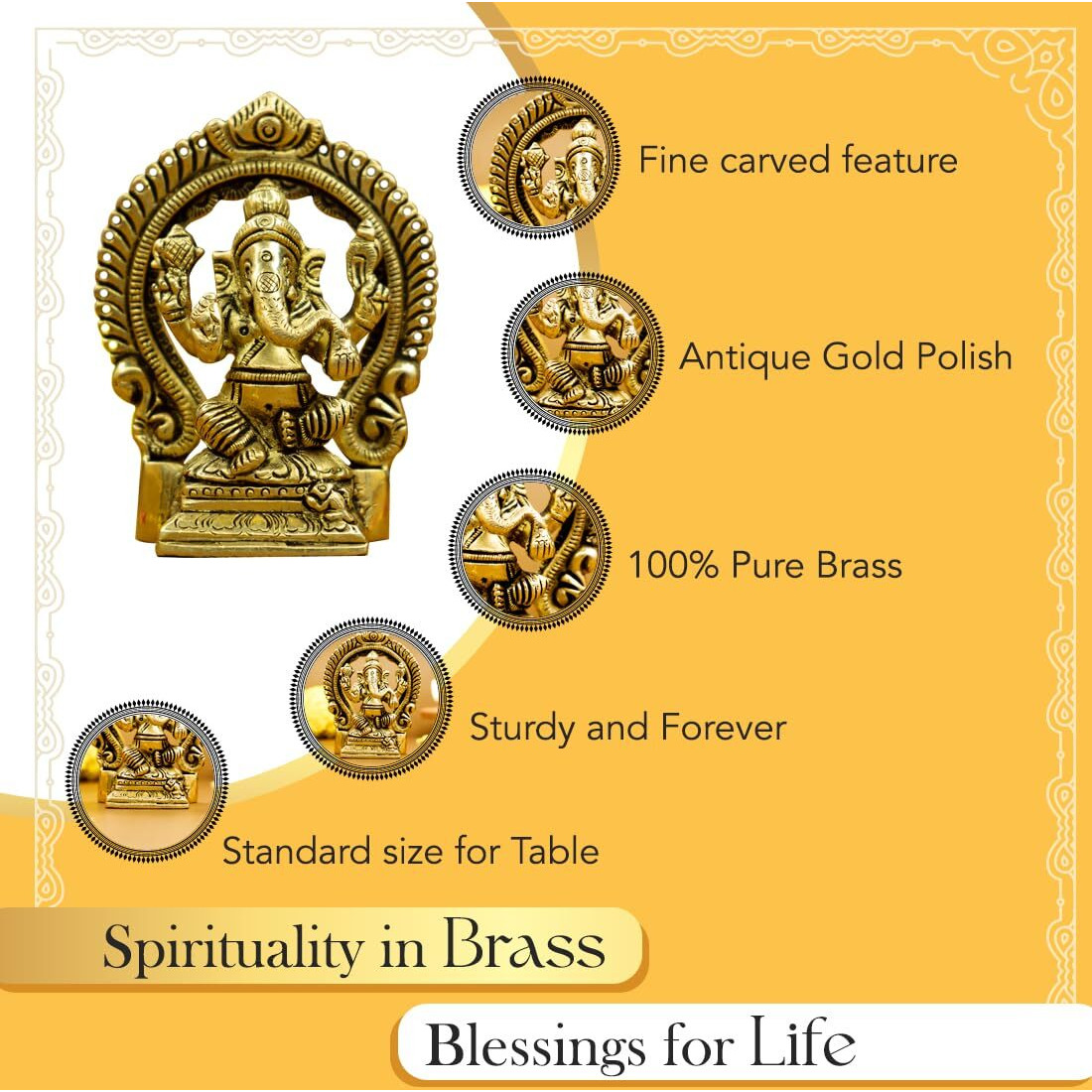 Ekhasa 100% Pure Brass Ganesha Idol (Size 8.7 cm) | Pital Ganesh Murti for Pooja Room, Home Decor, Office Desk and Car Dashboard | Vinayagar Statue for Diwali Puja