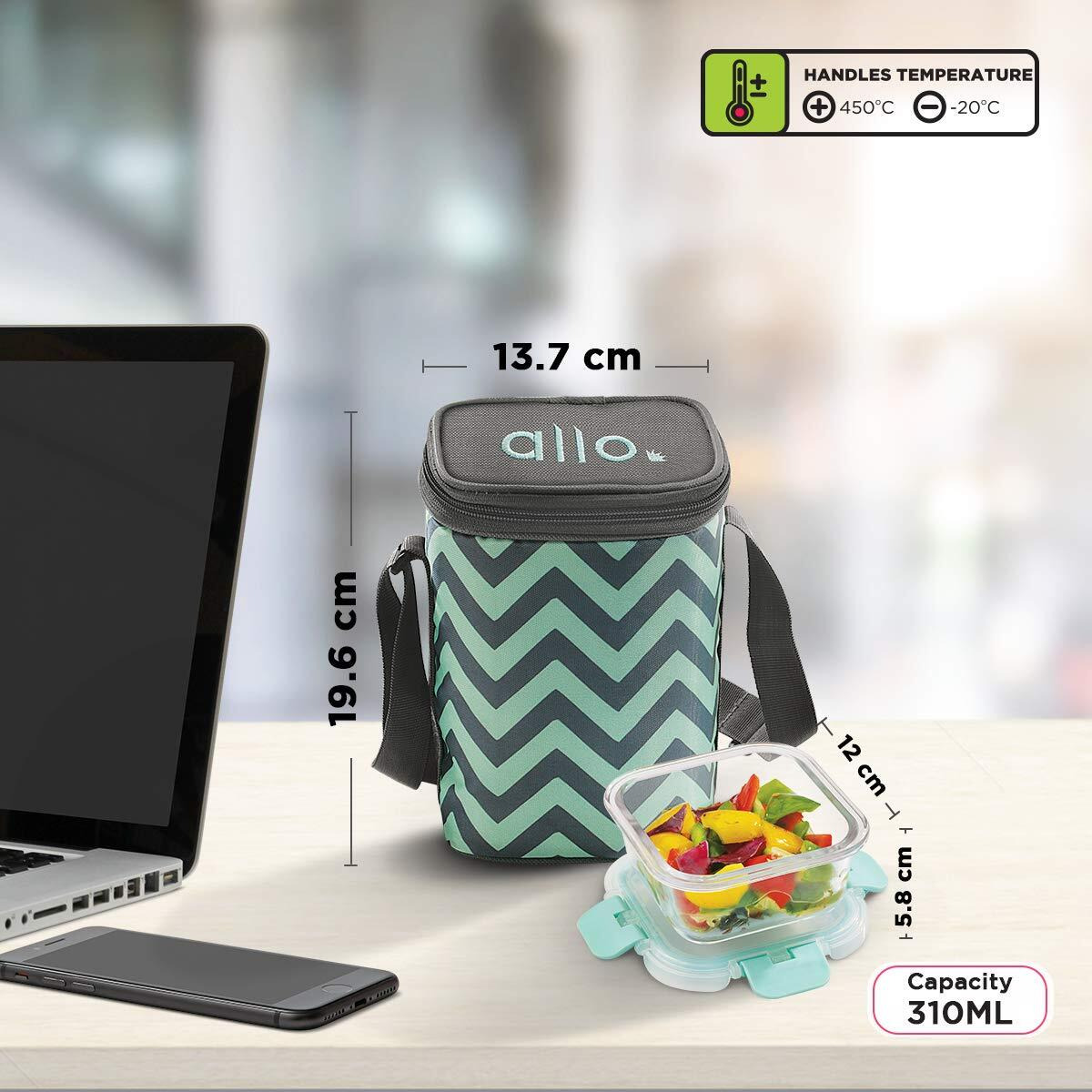 Allo FoodSafe Glass Lunch Box with Break Free Detachable Lock, Oven & Microwave Safe, Borosilicate Glass Container, Office Tiffin with Chevron Mint Bag, Set of 3, 310ml, Square (Mint Green)