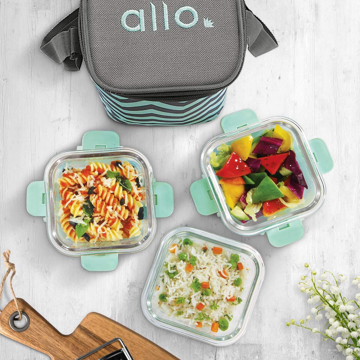 Allo FoodSafe Glass Lunch Box with Break Free Detachable Lock, Oven & Microwave Safe, Borosilicate Glass Container, Office Tiffin with Chevron Mint Bag, Set of 3, 310ml, Square (Mint Green)