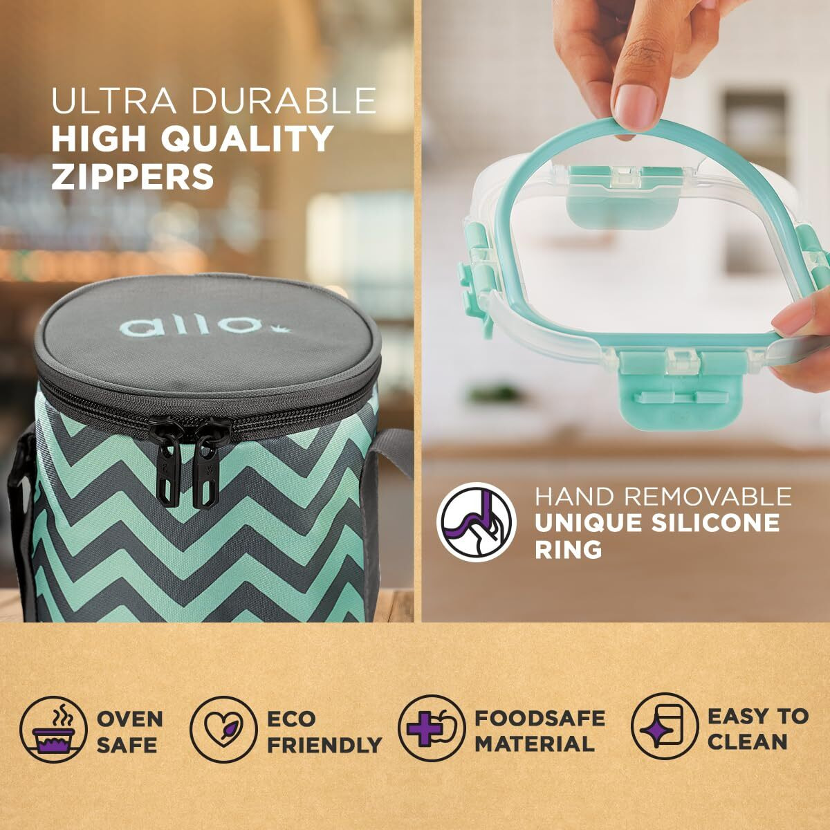 Allo FoodSafe Glass Lunch Box with Break Free Detachable Lock, Oven & Microwave Safe, Borosilicate Glass Container, Office Tiffin with Chevron Mint Bag, Set of 2, 390ml, Round